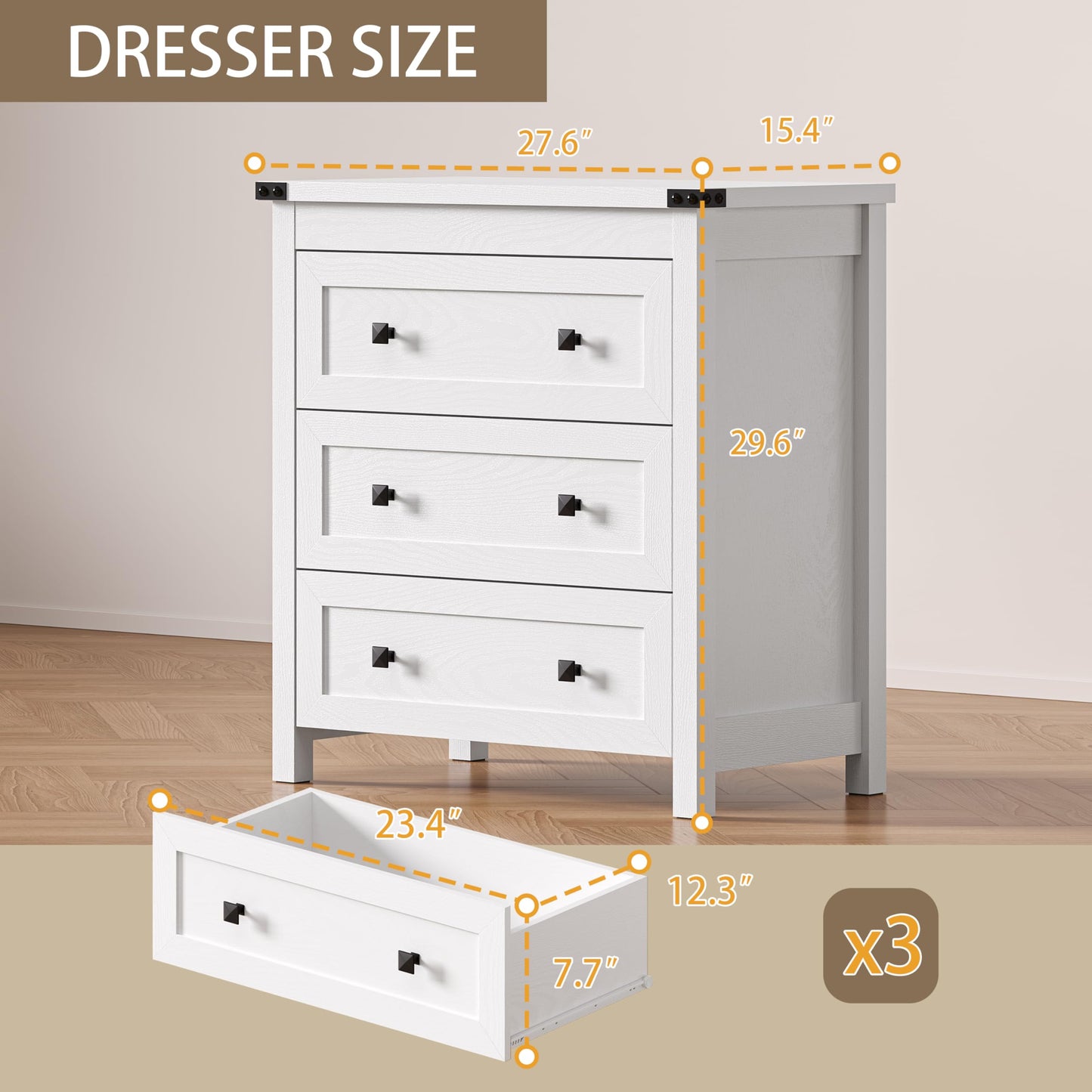 BORNOON 3-Drawer Night Stand Set of 2, Modern Bedside Table Dresser with Metal Handles, Sturdy Wooden End Side Table Storage Cabinet with Anti-Tipping Design for Bedroom