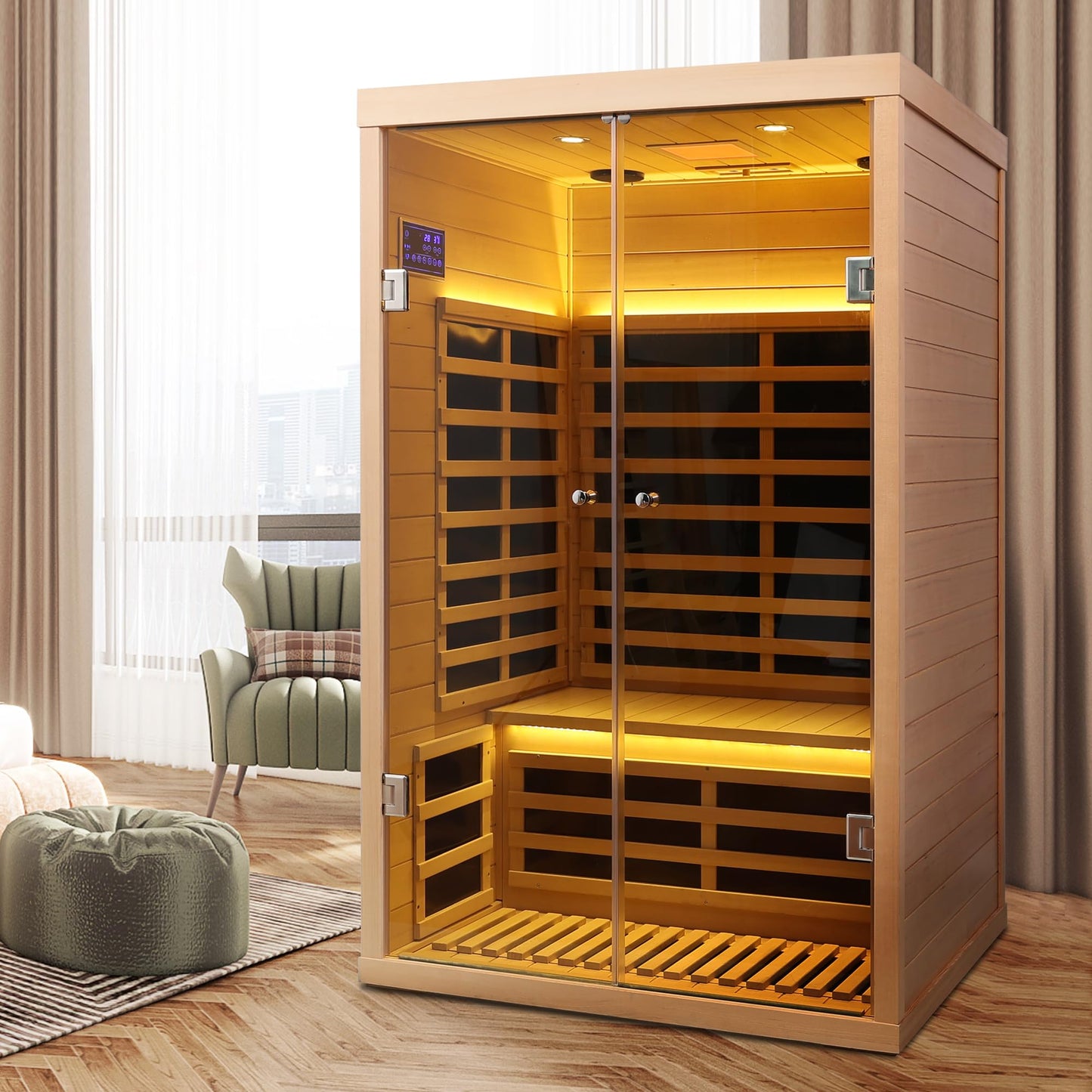 2-Person Far Infrared Sauna Room, Hemlock Wood, 47.24x38.19x76.38 Inches, Low EMF with Bluetooth, LED Light