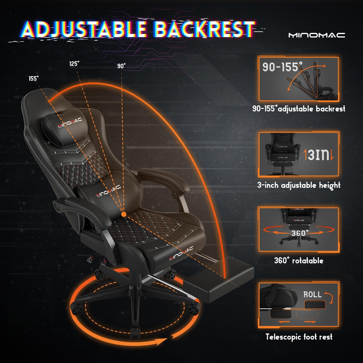 MINOMAC Gaming Chair,Ergonomic Computer Gaming Chair,400lb Load-Bearing,Retractable Footrest/Waist Support/Ergonomic Backrest[Spring + 4D Sponge] (Black)