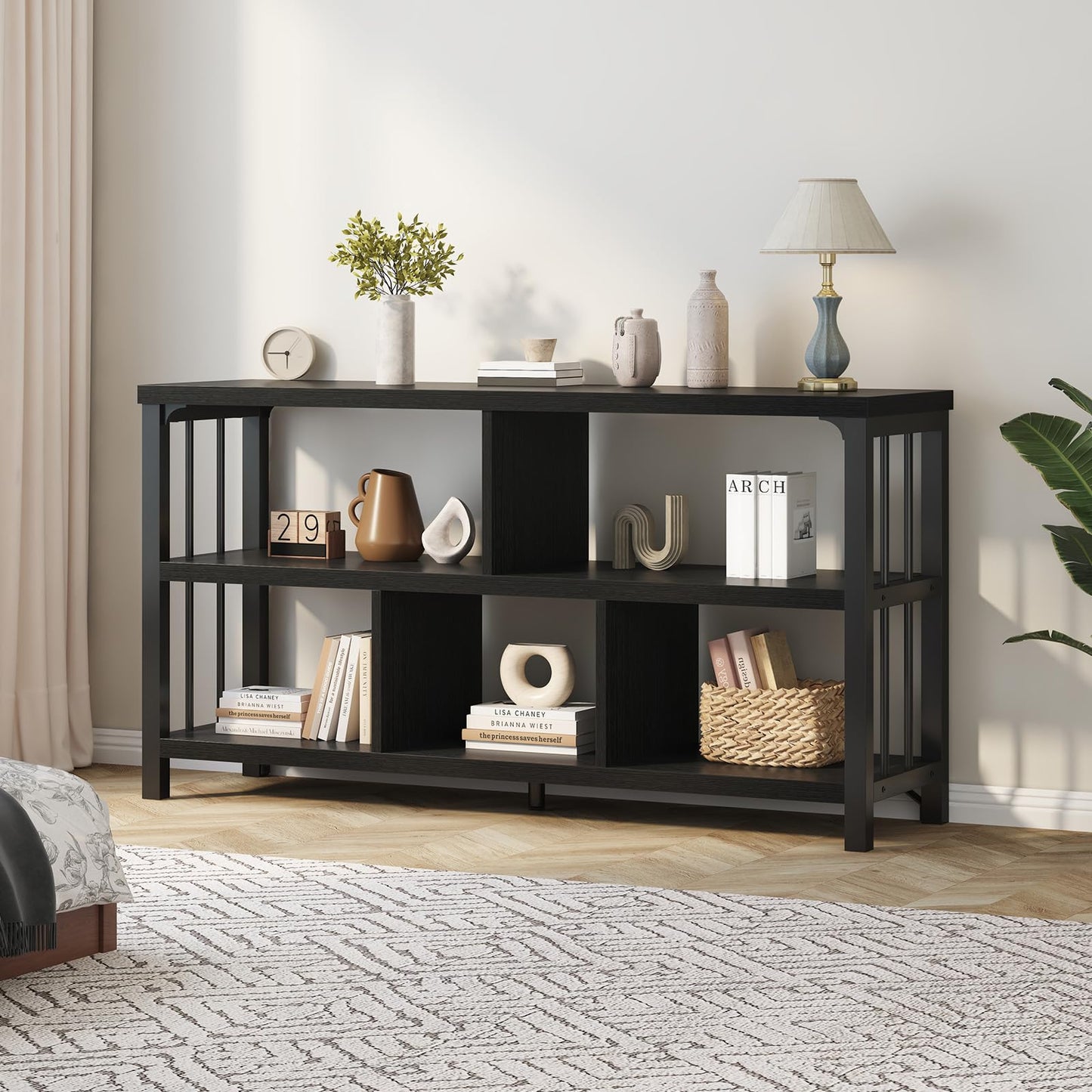 IBF Horizontal Cube Book shelf, Industrial Modern Open Bookshelf, Low Wide Home 5 Cube Storage Organizer Long Shelf for Bedroom, Short Wood and Metal Cubby Book Shelf for Living Room, Black Oak, 47 In