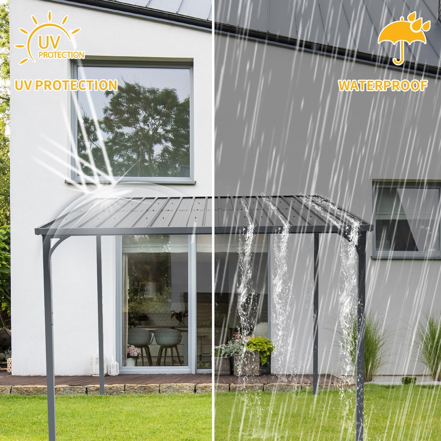 KEIKI 8x10 Ft Gazebo Outdoor, Hard Top Lean to Grill Gazebos Pergola with Roof, Backyard Waterproof Patio Covers for Shade & Rain, Wall-Mounted Large Heavy Duty Awnings for Outside Decks, Black