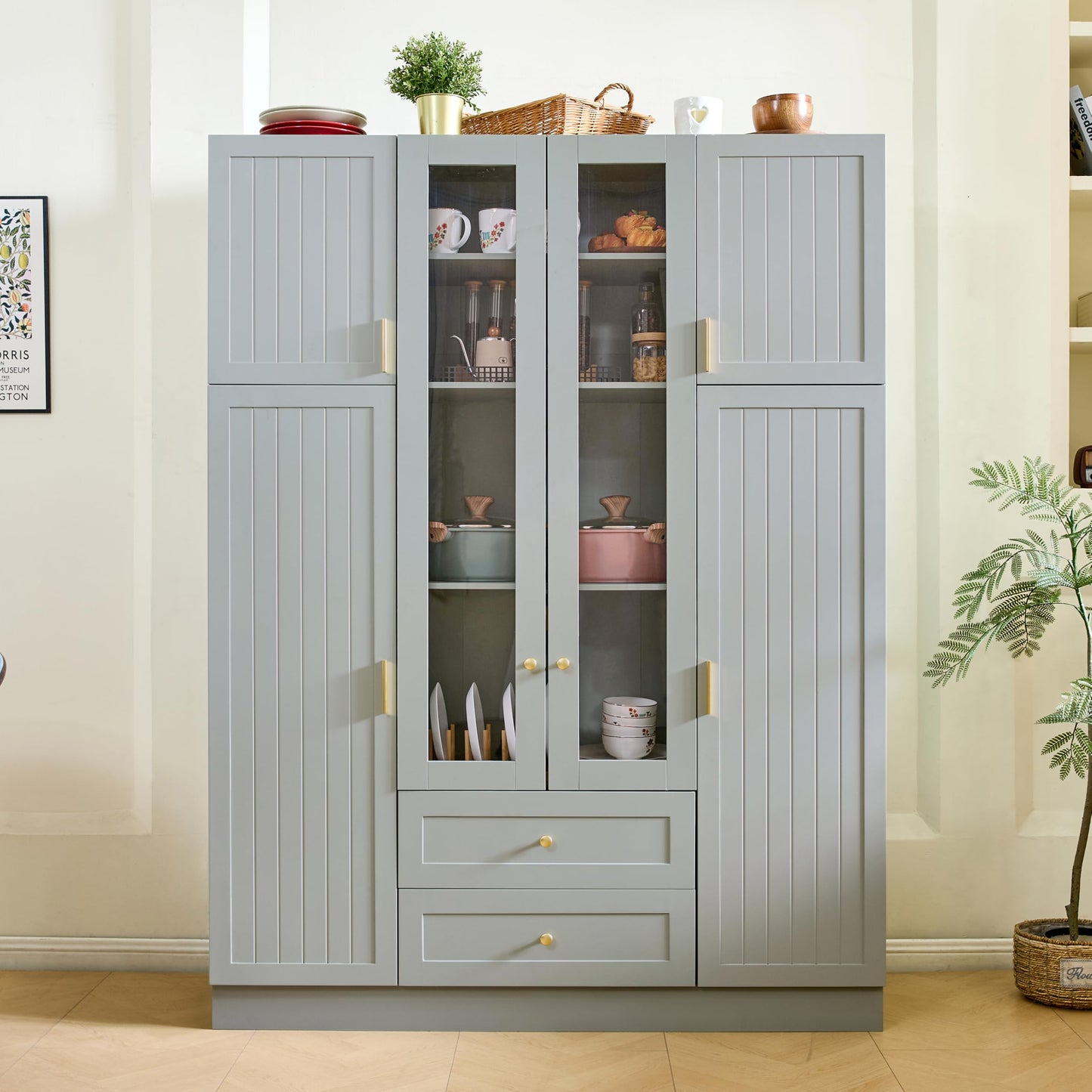 Merax Modern Large Kitchen Pantry with 6 Doors, 53.2''Lx17.7''W Storage Cabinet Cupboard with Drawers, Adjustable Shelves, Pull-Out Trays and Wine Rack for Dining Room, Green