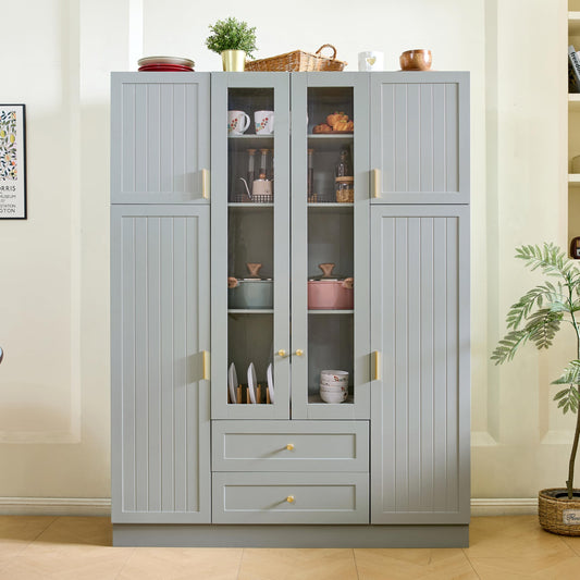 Merax Modern Large Kitchen Pantry with 6 Doors, 53.2''Lx17.7''W Storage Cabinet Cupboard with Drawers, Adjustable Shelves, Pull-Out Trays and Wine Rack for Dining Room, Green
