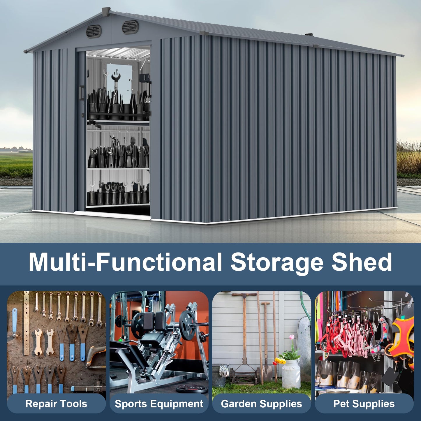 Zolyndo Outdoor Storage Shed 8x10 FT with Window - Metal Sheds & Outdoor Storage for Motorcycle, Bike, Garden Tool, Lawnmower - Backyard Tool Building with 1 Sliding Door, 4 Vents (Without Floor)