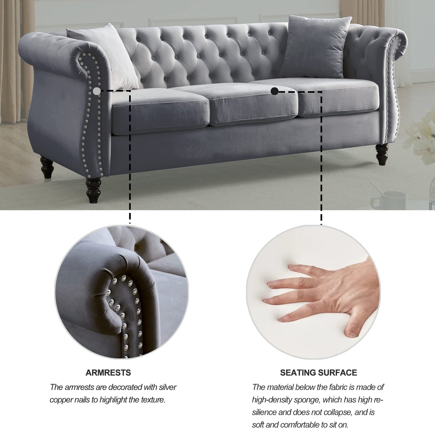 KEIKI Chesterfield Sofa, Retro Style Upholstered 3 Seater Velvet Couch with Rolled Arm for Living Room Bedroom Office Apartment, Grey