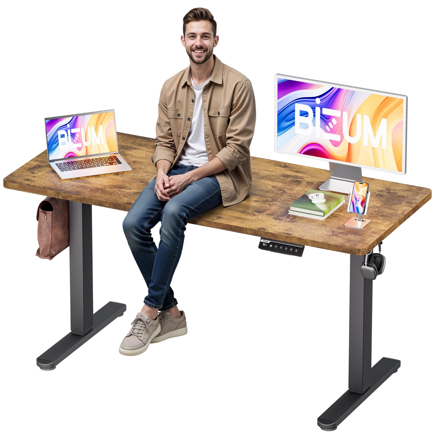 BIZUM Electric Standing Desk, 55" x 24" Height Adjustable Desk, Rustic Brown Sit to Stand Desk Memory Gaming Computer Workstation for Home Office