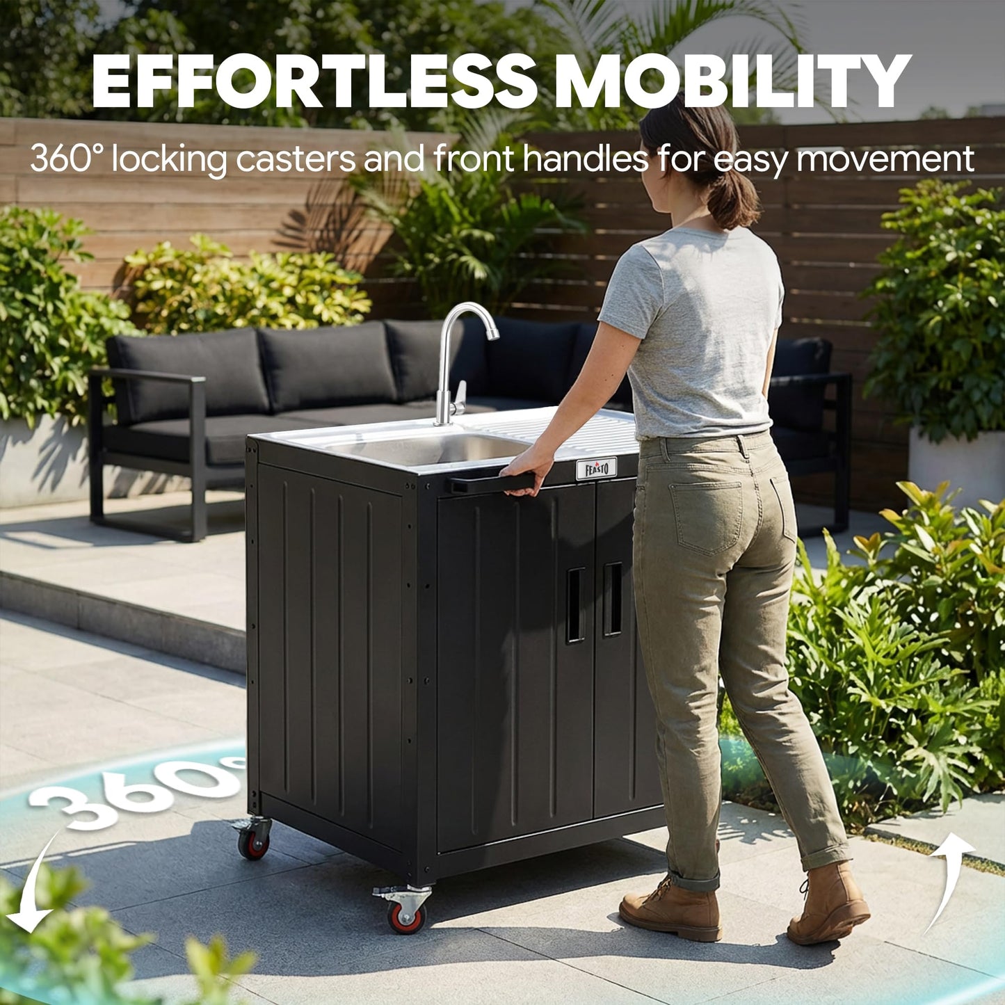 Feasto Outdoor Kitchen Island with Stainless Steel Sink and Storage Cabinet, 35-Inch BBQ Prep Station with Faucet & Lockable Wheels for Patio, Backyard, and Outdoor Cooking, Black & Silver