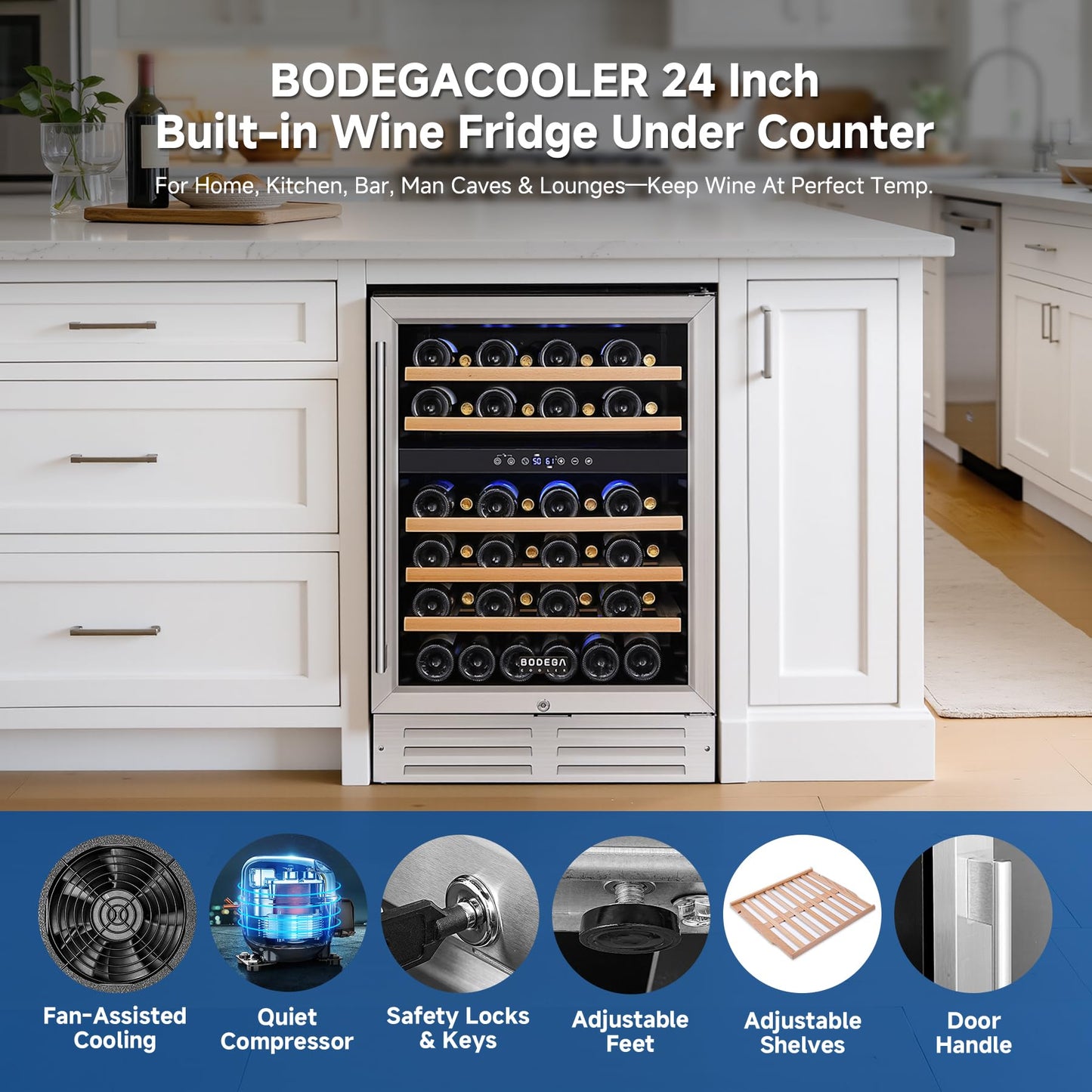 BODEGA COOLER 24 Inch Wine Cooler, 46 Bottle Wine Fridge Free standing, 41-72°F Wine Refrigerator Glass Door, Blue LED Wine Fridge, Built-in or Freestanding Fridge for Home/Bar/Kitchen (5.3 cu.ft)