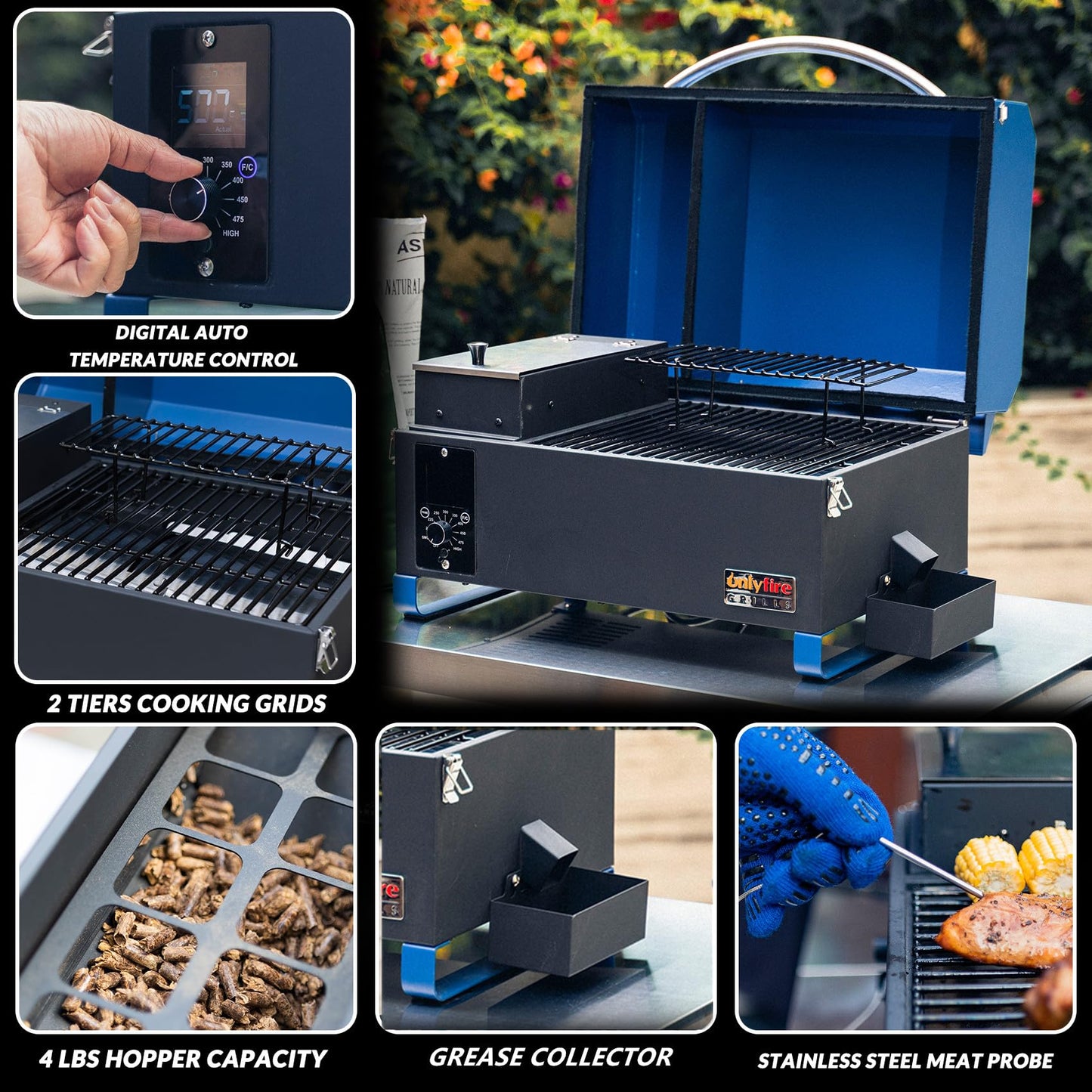ONLYFIRE GRILLS BBQ Wood Pellet Grill Smoker with Digital Control, Meat Probe & 2 Tiers Cooking Area, Portable Tabletop Grilling Stove for BBQ, Smoke, Bake and Roast, RV Camping, Blue GS313