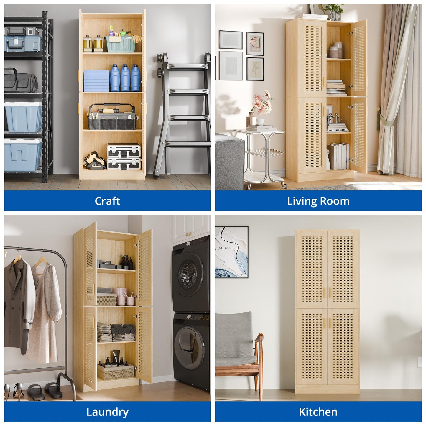 Cozy Castle Kitchen Pantry Cabinet, 71" Tall Rattan Doors Storage Cabinet and Adjustable Shelves, Modern Farmhouse Wood Cupboard Utility Hutch for Kitchen, Dining Room, Living Room (Oak)