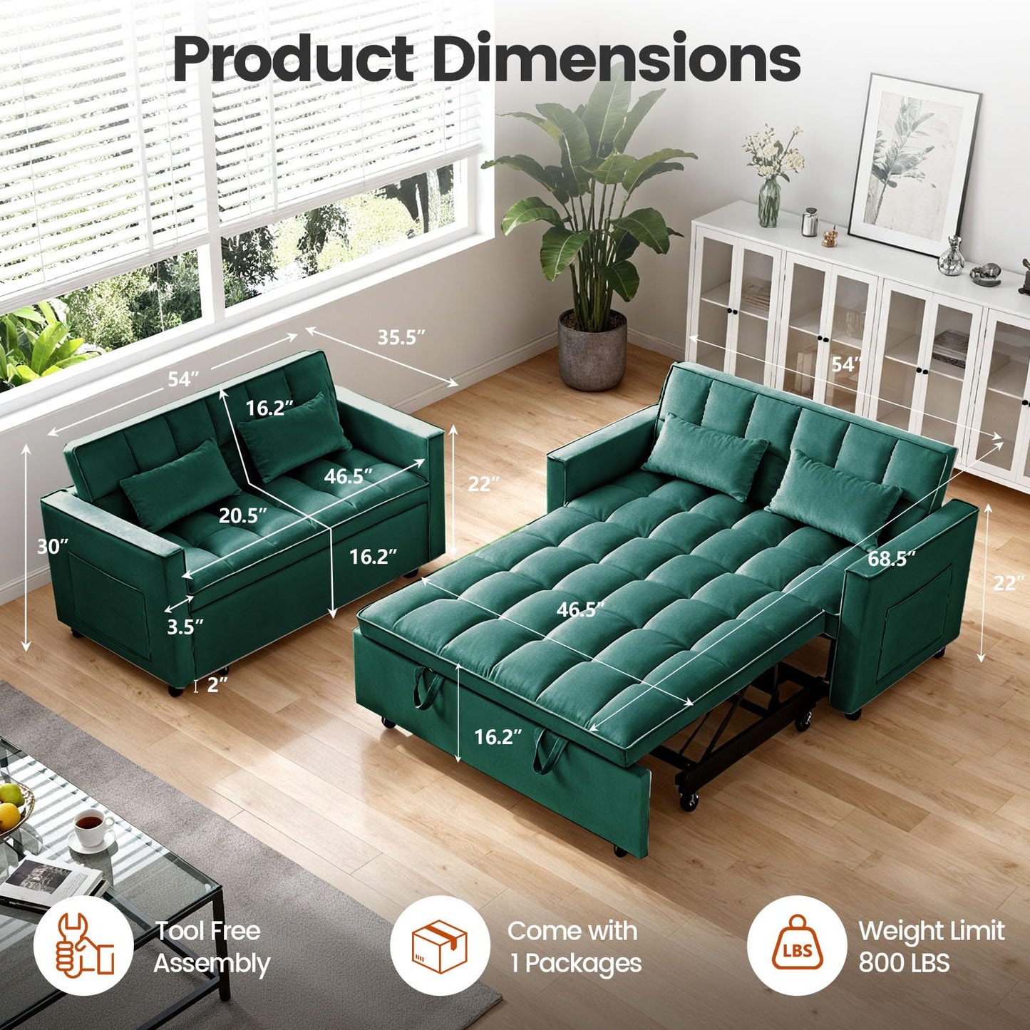 NicBex 3 in 1 Convertible Sofa Bed, Pull Out Couch Bed with Adjustable Backrest, Velvet Fabric Sleeper Sofa with Side Pocket, Loveseat Sleeper Sofa for Small Space, Living Room, Bedroom, Green