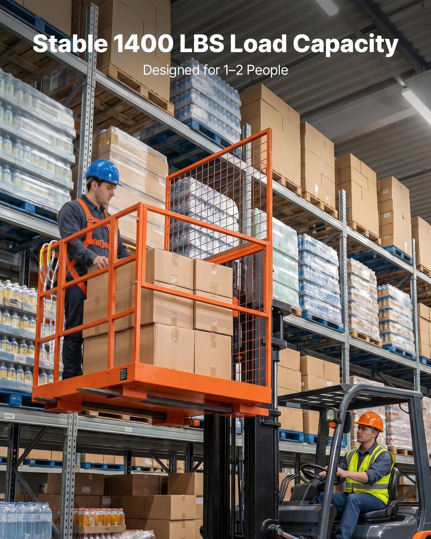 VEVOR Forklift Safety Cage, 48.2 x 45.2 Inch Heavy Duty Forklift Man Basket, 1400 lbs Capacity Collapsible Work Platform Lift Basket with Safety Harness & Lock, for Most Aerial Jobs Lifting Loader