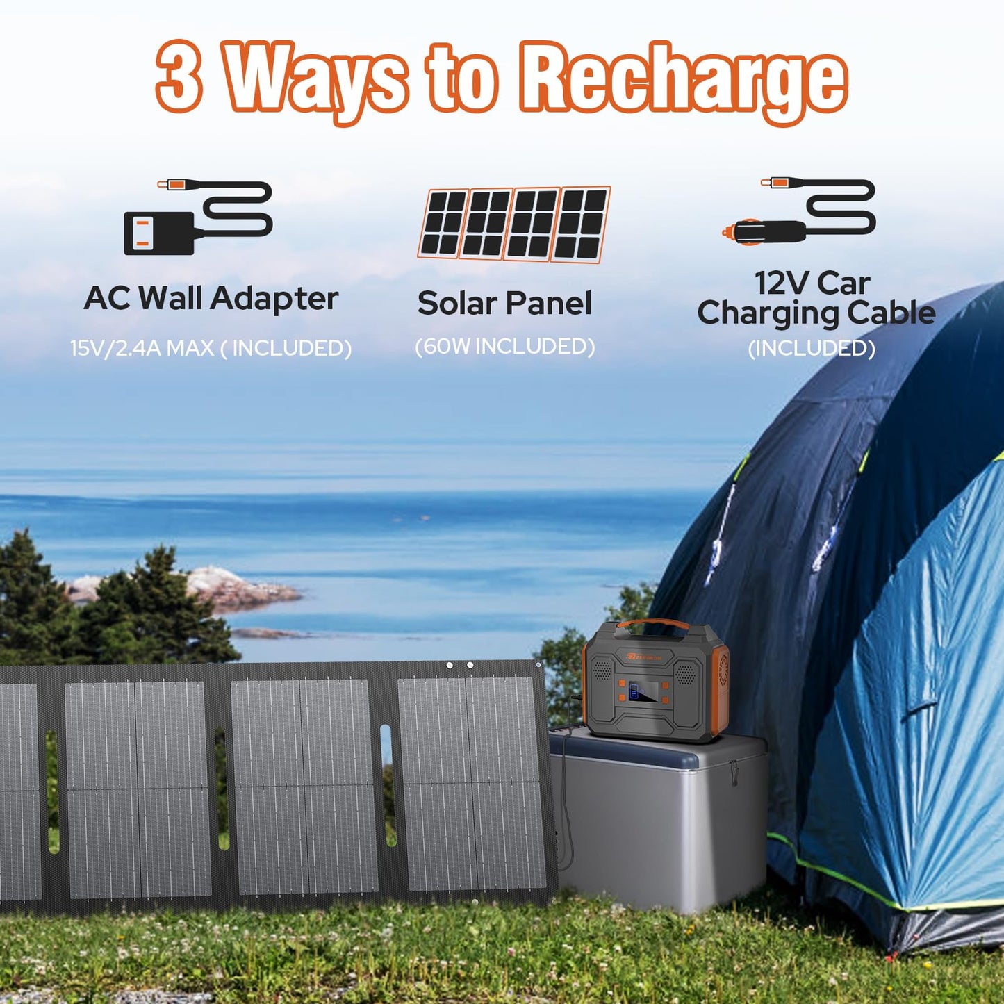 Portable Solar Generator, 300W Portable Power Station with Foldable 60W Solar Panel,110V Pure Sine Wave 280Wh Battery Power Pack with USB DC AC Outlet for Camping Smart Devices RV Van Outdoor-Orange