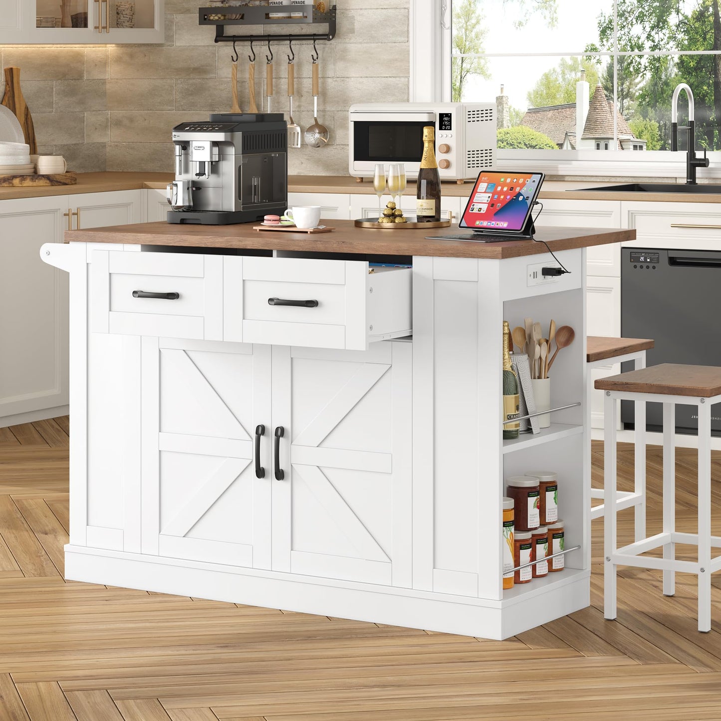 Keyluv Kitchen Storage Island with 2 Stools, 51.2” Mobile Kitchen Cart with Drop Leaf & Power Outlet, Rolling Island Table Dining Room Buffet with 2 Drawers & Side Storage Rack &Towel Rack, White