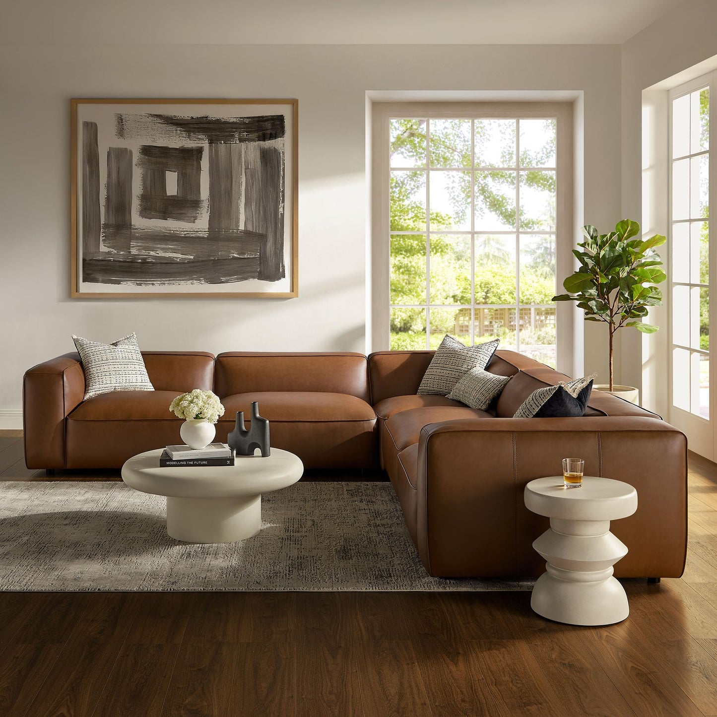 Modway Auren Vegan Leather 5 Piece Modular Sofa in Coffee - Faux Leather L Shaped Sectional - Comfy Modern PU Leather Sofa - Oversized Mid Century Modern Couch for Living Room, Apartment