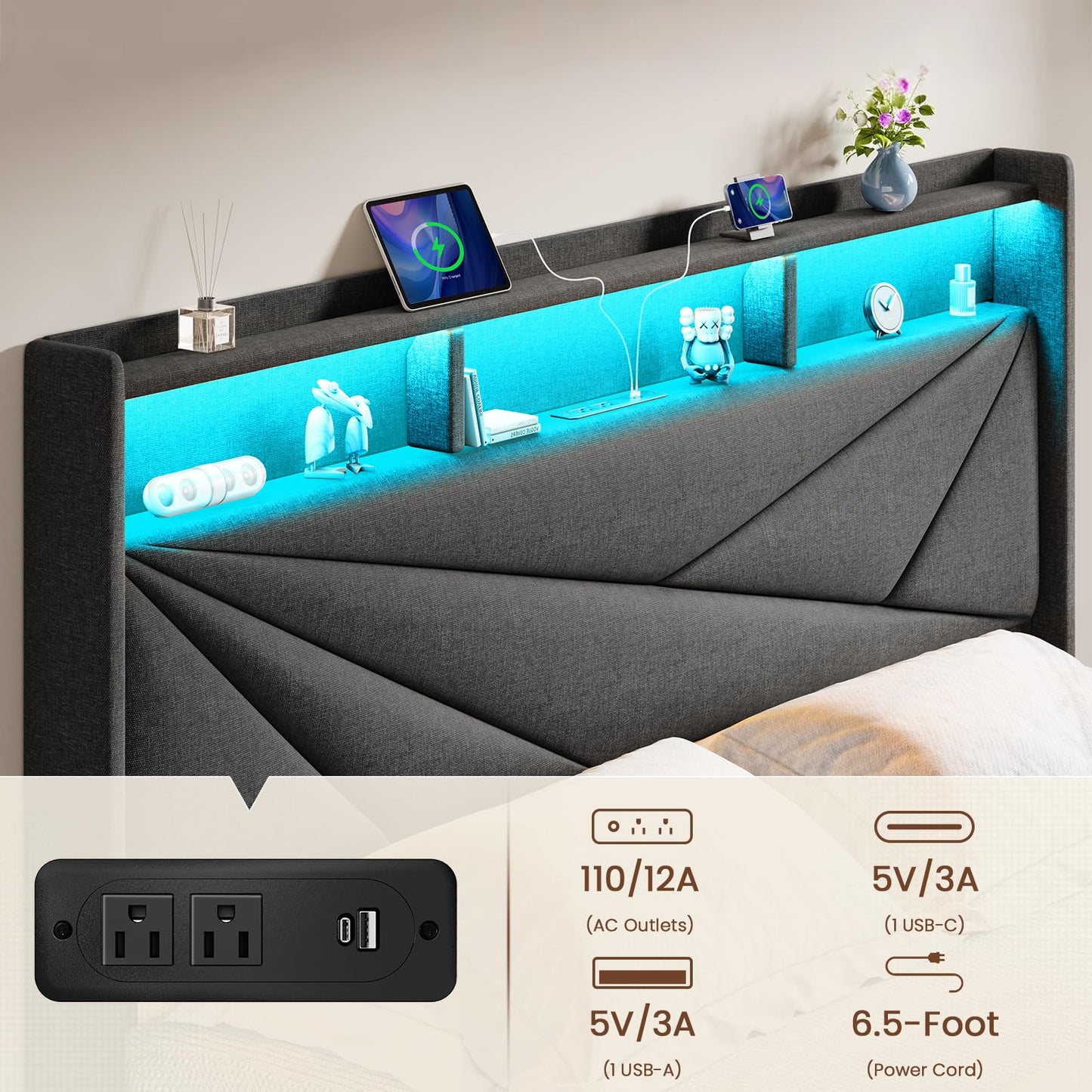 Driftalia King Size Bed Frame with 2-Tier Storage Headboard, Upholstered King Bed Frame with 2 Drawers, Charging Station and LED Lights, No Box Spring Needed, Easy Assembly - Dark Grey