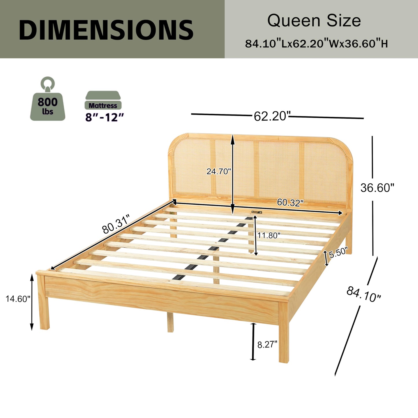 Merax Queen Size Natural Wood Bed Frame with Rattan Headboard, Boho Style Platform Bed Frame with Sturdy Solid Slats Support, No Box Spring Needed, 800lbs Capacity, Noise-Free, Easy Assembly