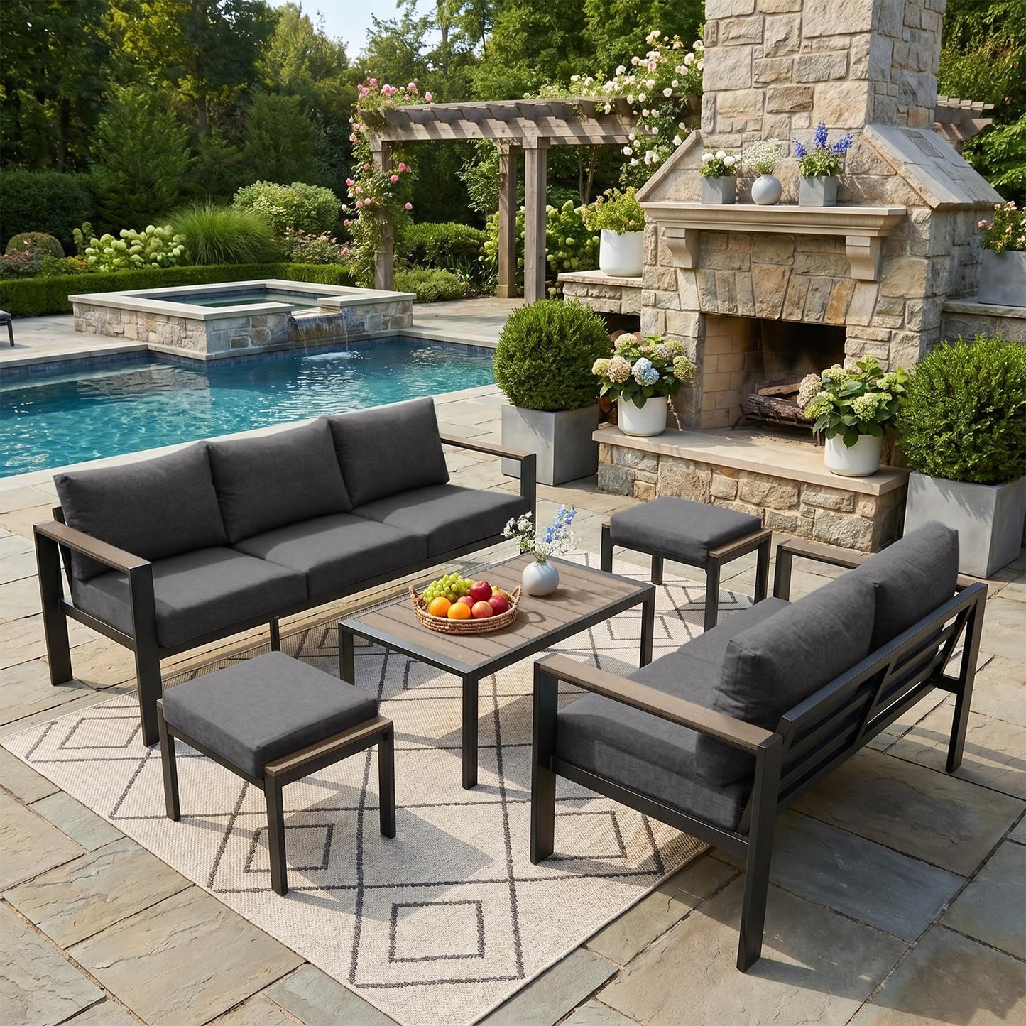 SAILARY Outdoor Patio Furniture Set 5 Pieces Luxury Aluminum Patio Conversation Set with Coffee Table and 2 Ottoman 7 Seats, Thick Cushions, Large Sectional Sofa for Porch, Balcony, Yard, Dark Gray