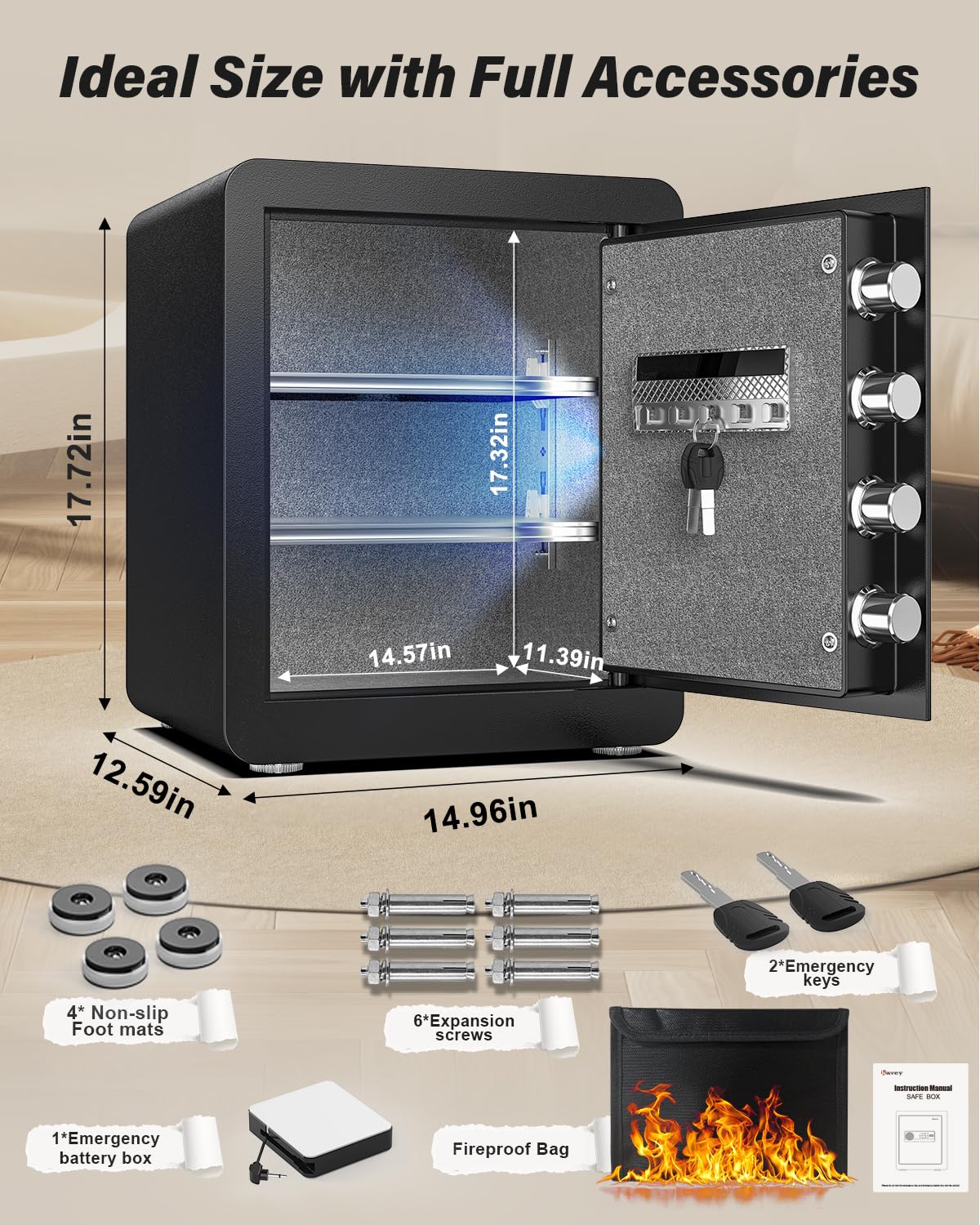 Kavey 2.0 Cub Safe Box, Steel Security Safe and Lock Box with Backlit Touch Screen Keypad, Dual Alarm System, Mute Function and LED Light for Home Office 12.6"D x 14.96"W x 17.72"H