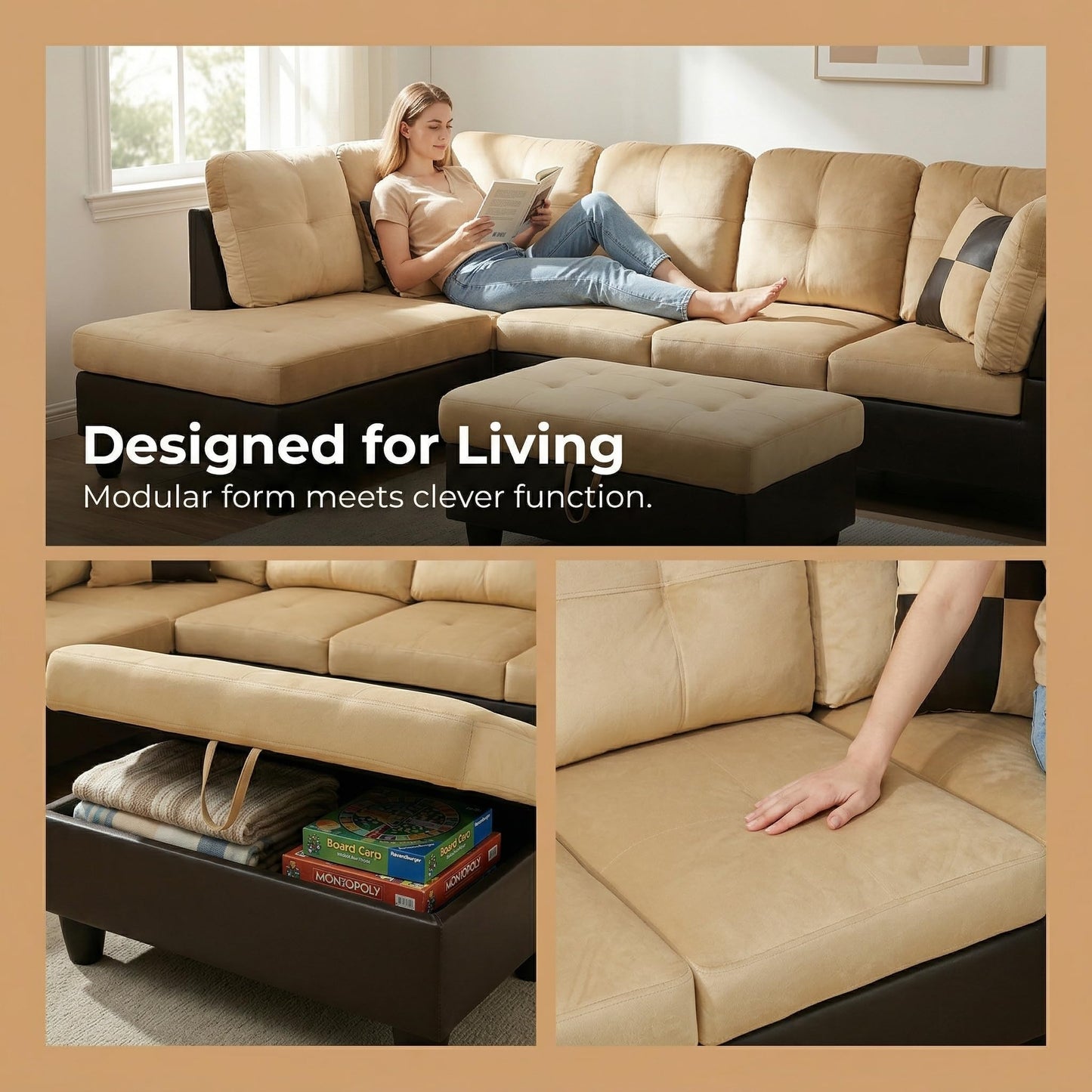 NicBex Sectional Couch 3 Pieces Sofa Set, L-Shaped Modular Couches for Living Room, Furniture Sets with Lounge Chaise & Storage Ottoman, Multi-Scene Use for Apartment & Office, Beige+Black