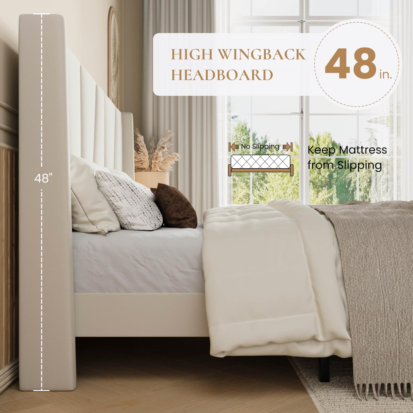 SHA CERLIN King Size Velvet Bed Frame with Geometric Wingback Headboard, Upholstered Platform Bed with Wooden Slats Support, 8" Under-Bed Space, No Box Spring Needed, Easy Assembly, Cream