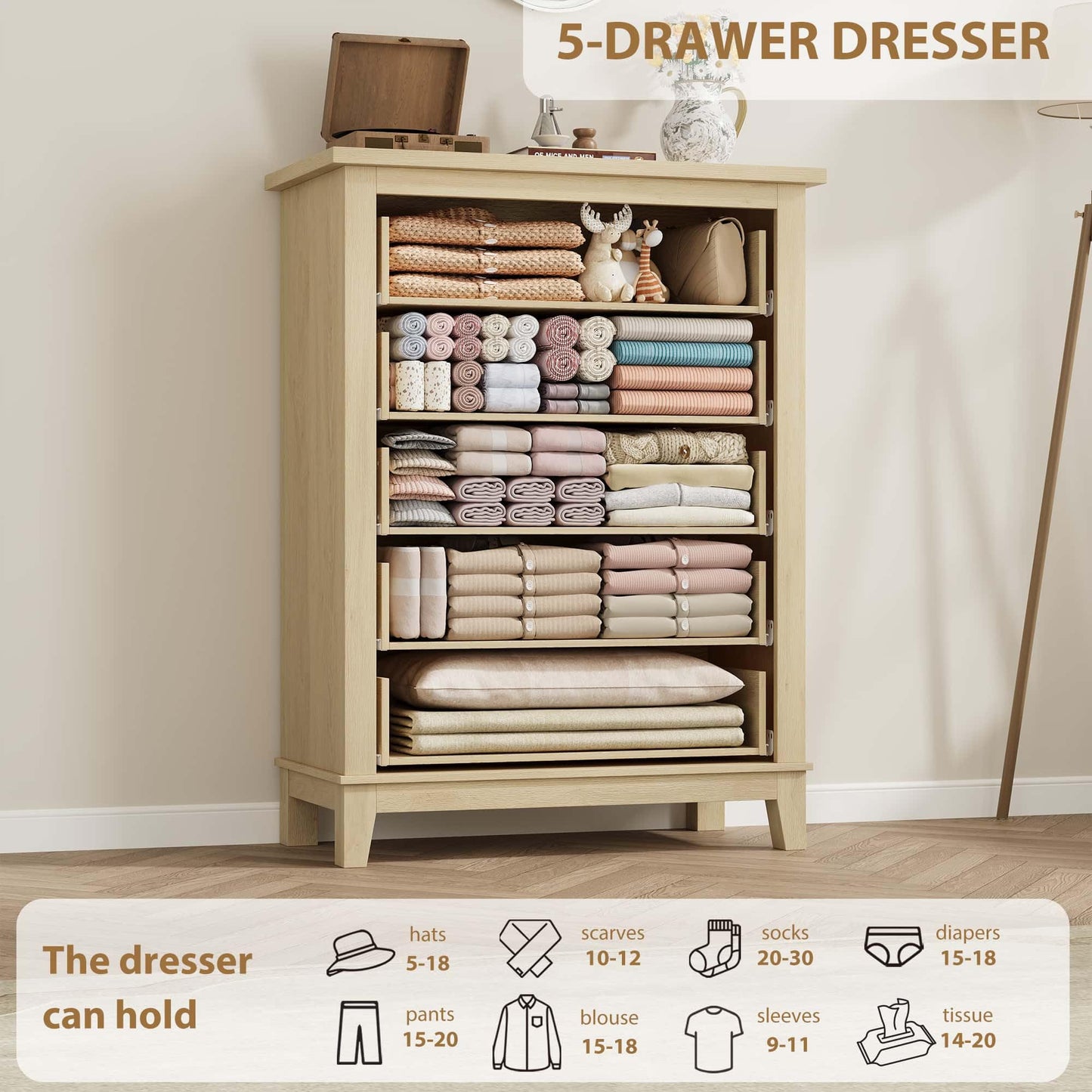 GarveeHome 5 Dresser for Bedroom, 41.3 in Tall Vertical Drawer Dresser with Large Storage, Freestanding Wooden Closet Chest for Bedroom, Living Room, Natural Oak
