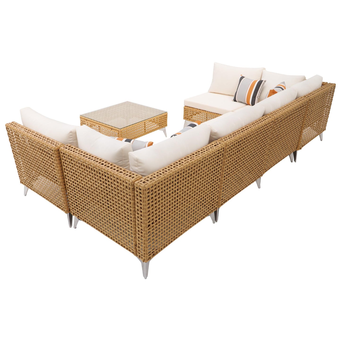 Merax 7 Piece Outdoor Patio Furniture Sets - 8-Seat PE Wicker Sectional Sofa w/Rattan Chaise Lounge & Thick Cushions, 29" Coffee Table w/Glass Top for Garden, Couch, Porch, Backyard Beige