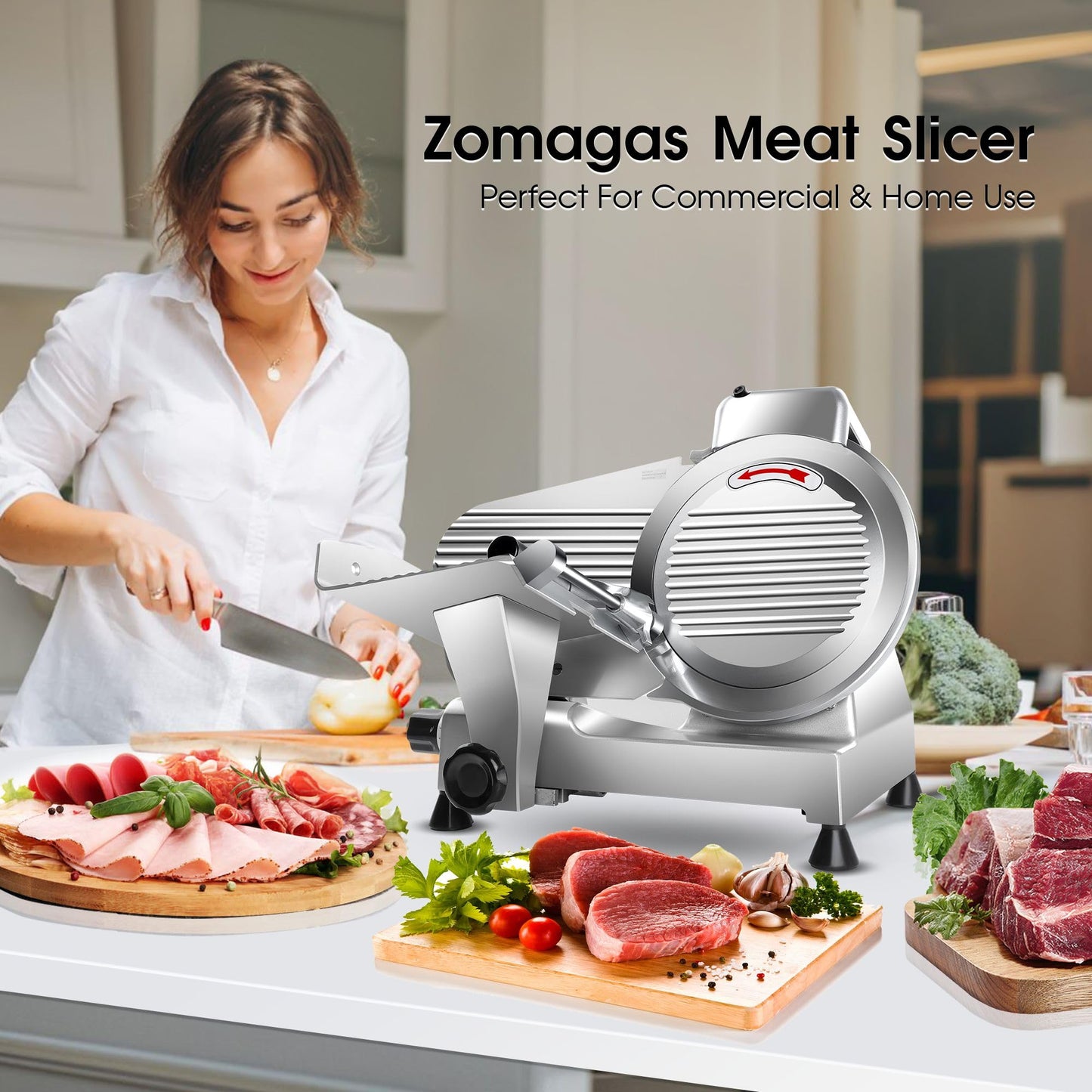 Zomagas 10 inch Commercial Meat Slicer, 240W Frozen & Cheese Slicer, Premium Chromium-plated Steel Blade, Semi-Auto, Low Noise