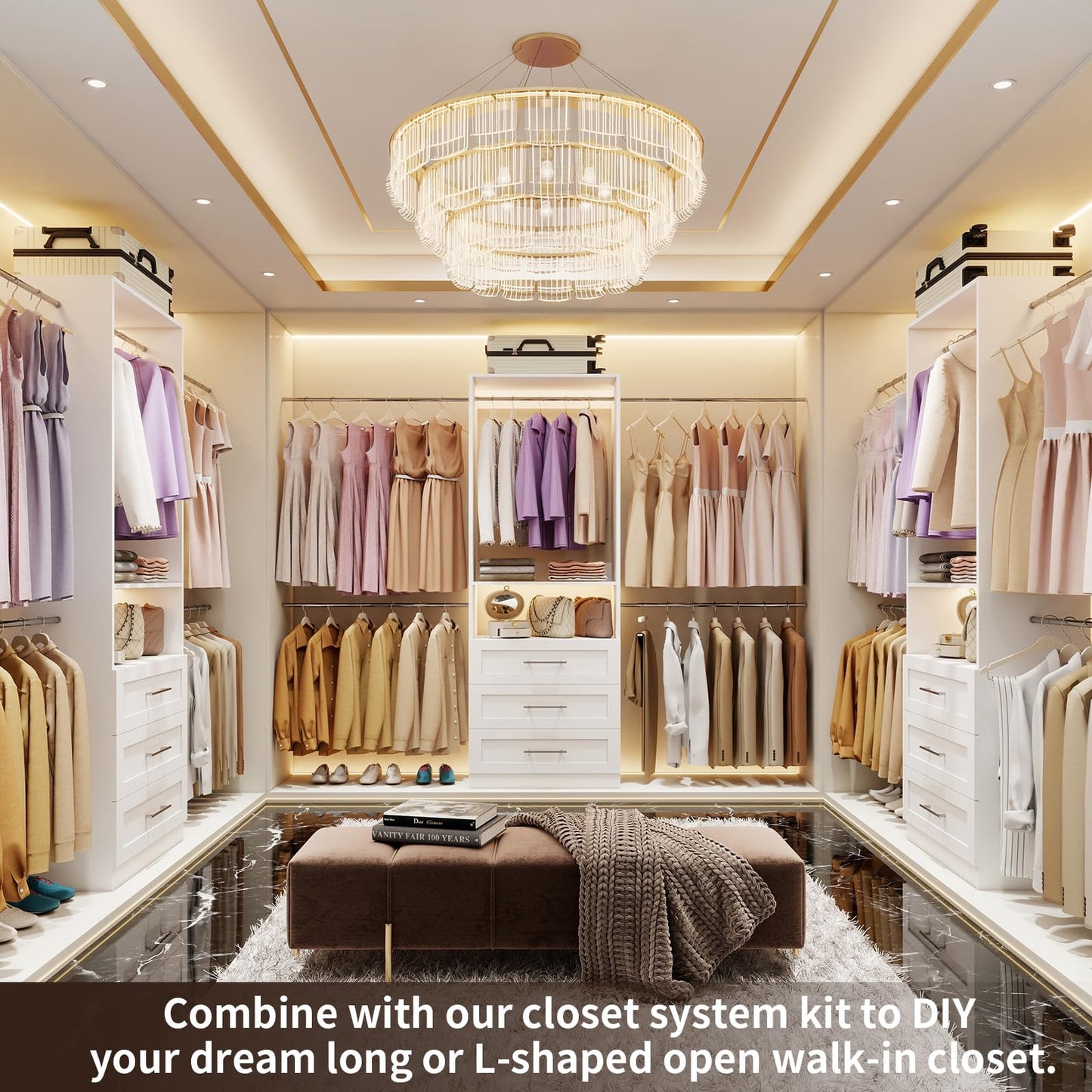 Closet System with 6 Drawers, 4FT-15FT 2-Piece Closet System, Walk in Closet System Organizer, Modular Closet System with 10 Adjustable Hanging Rods & Shelves, Closet Storage System for Bedroom, White
