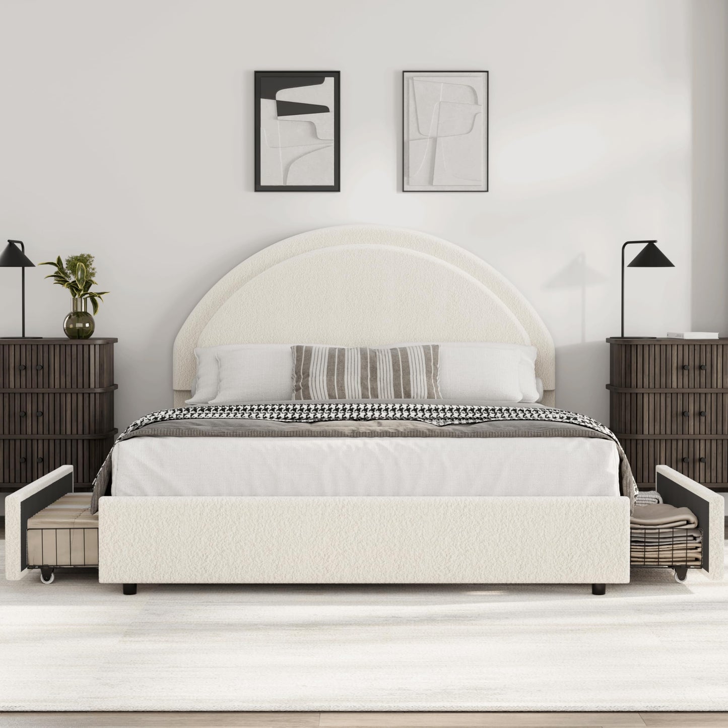 Garvee Full Size Bed Frame with Storage Drawers, Upholstered Boucle Platform Bed with Round Headboard, Heavy Duty & Noise Free, No Box Spring Needed, Beige