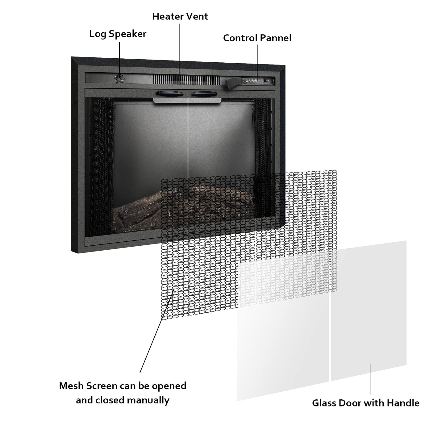 Benrocks 40'' Electric Fireplace Inserts with Glass Door, Electric Fireplace Heater with Fire Crackling Sound, Adjustable Top Light & Flame Speed, Overheating Protection, 750/1500W Black