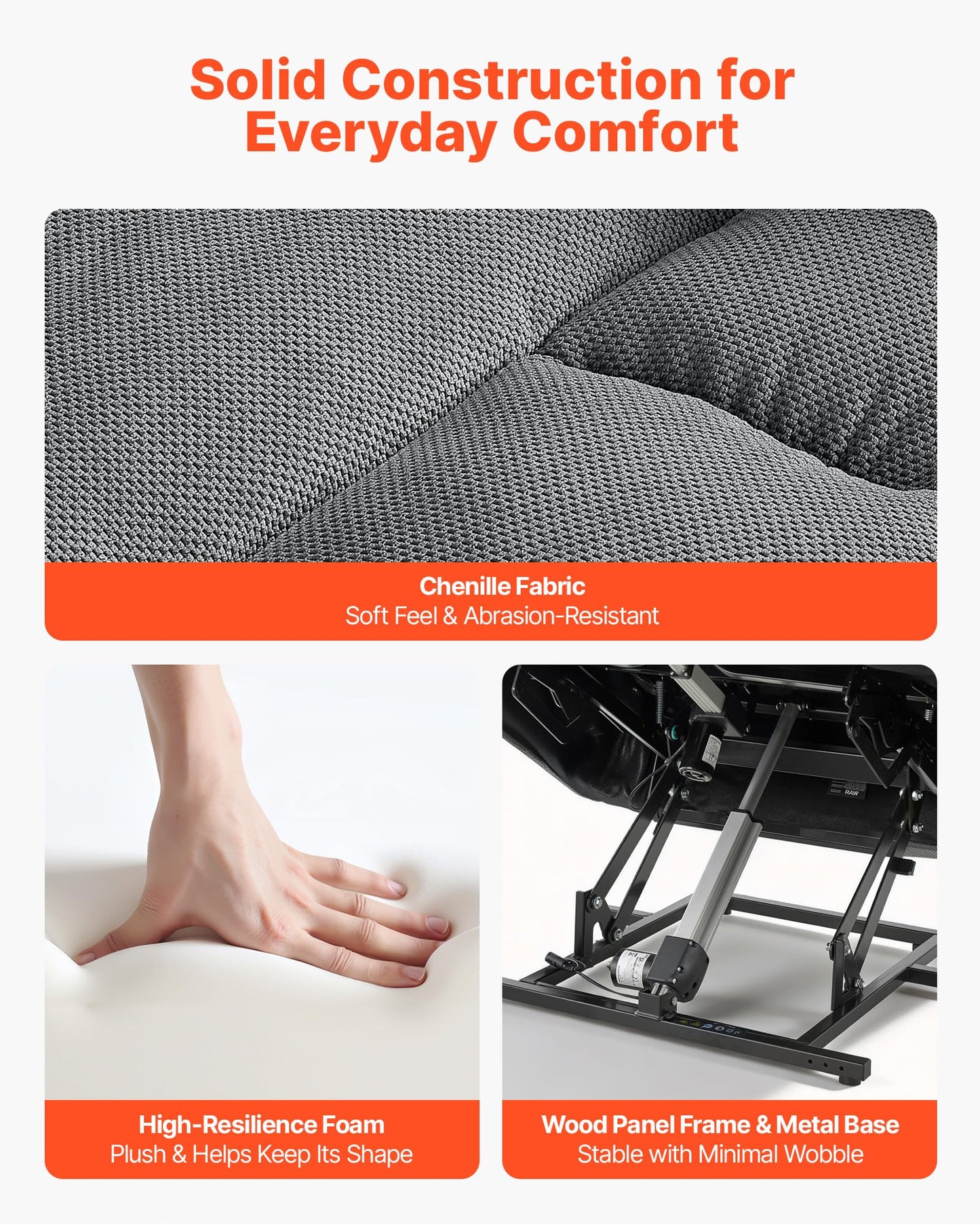VEVOR Oversized Power Lift Recliner Chairs, Dual Motor Lift Chair with Heat and Massage for Elderly, Position Adjustable, with Side Pockets, Cup Holders and USB Port, Chenille Fabric, Light Gray