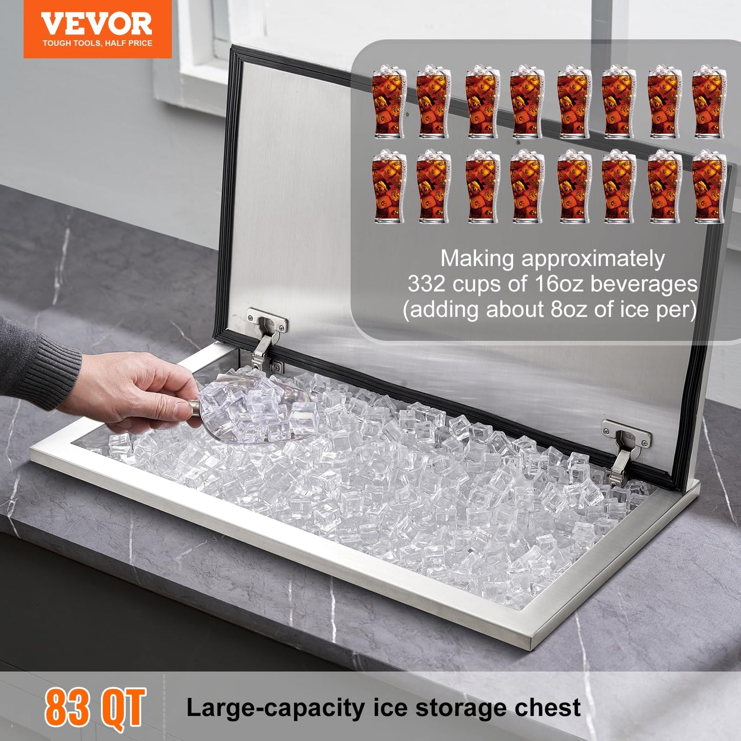 VEVOR Drop in Ice Chest, 24" L x 20" W x 15" H Stainless Steel Ice Cooler, Commercial Ice Bin with Hinged Cover, 40 qt Outdoor Kitchen Ice Bar, Drain-Pipe and Drain Plug Included, for Cold Wine Beer