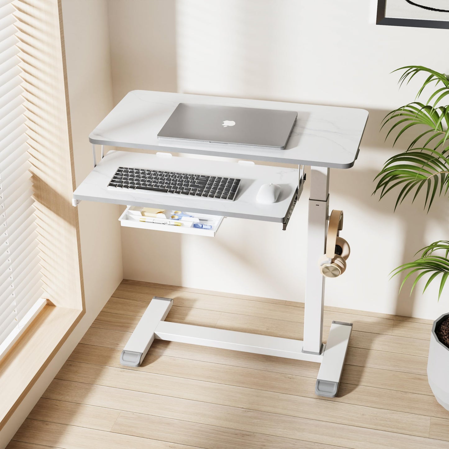 ETHU Overbed Table with Wheels, Medical Table with Drawer, Hospital Bed Table, Workstation Desk, Adjustable Overbed Bedside Rolling Laptop Desk, Marble White