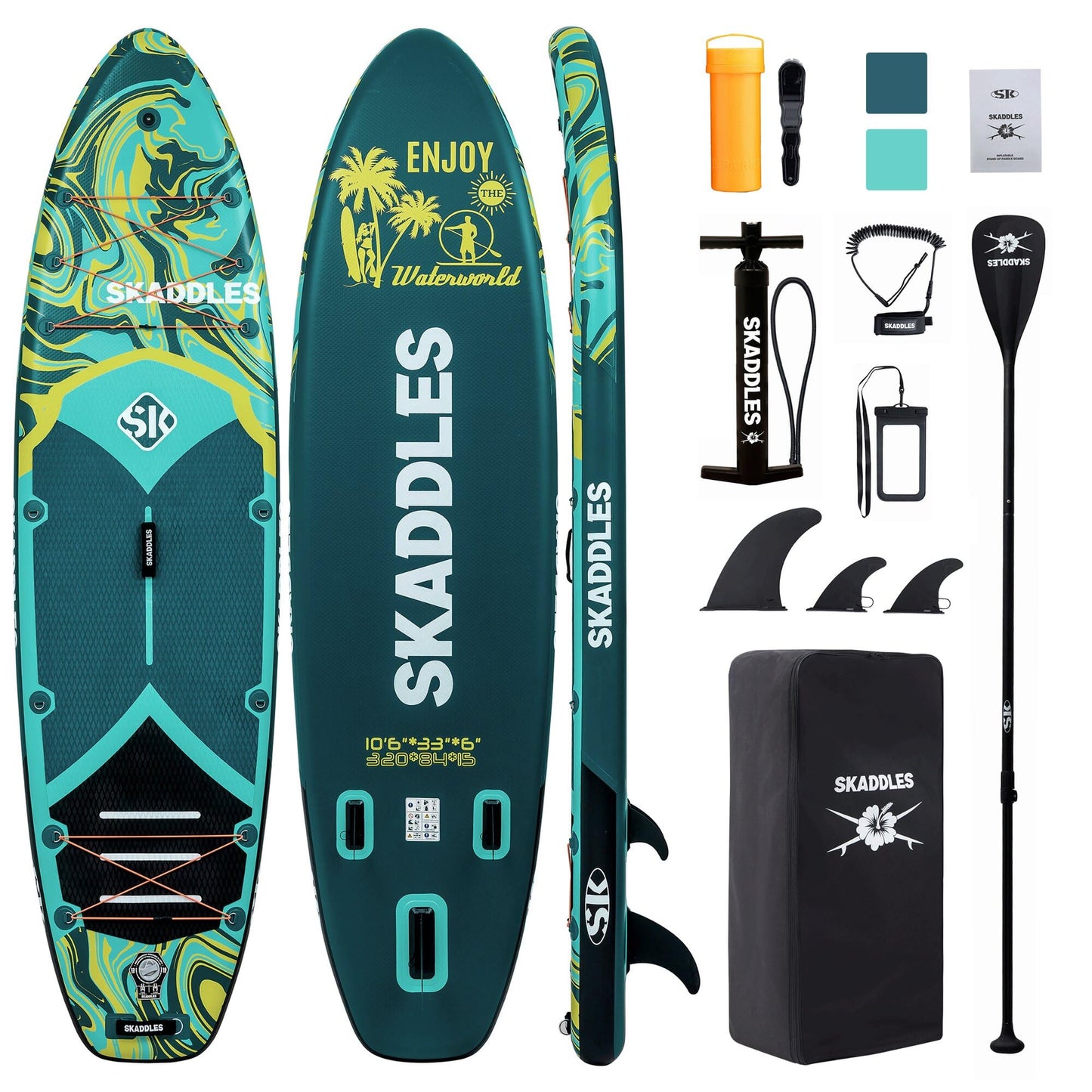 SKADDLES 10’6’’ Inflatable Stand Up Paddle Board (SUP) for Adults and Youth with Non-Slip Deck – Complete Accessories Kit, Perfect for Fishing, Yoga, Fitness & Family Fun (Dark Green Water Ripple)