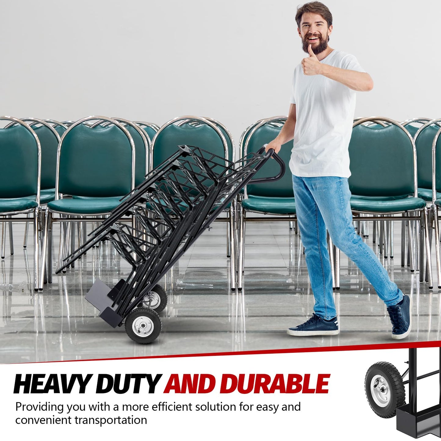 Datanly 52'' x 22'' x 18'' Heavy Duty Stack Chair Dolly Banquet Chair Dolly Cart Holds 7 Chairs Oversized Rubber Wheels for Easy to Load and Unload for Party Event Rental Furniture (Black)