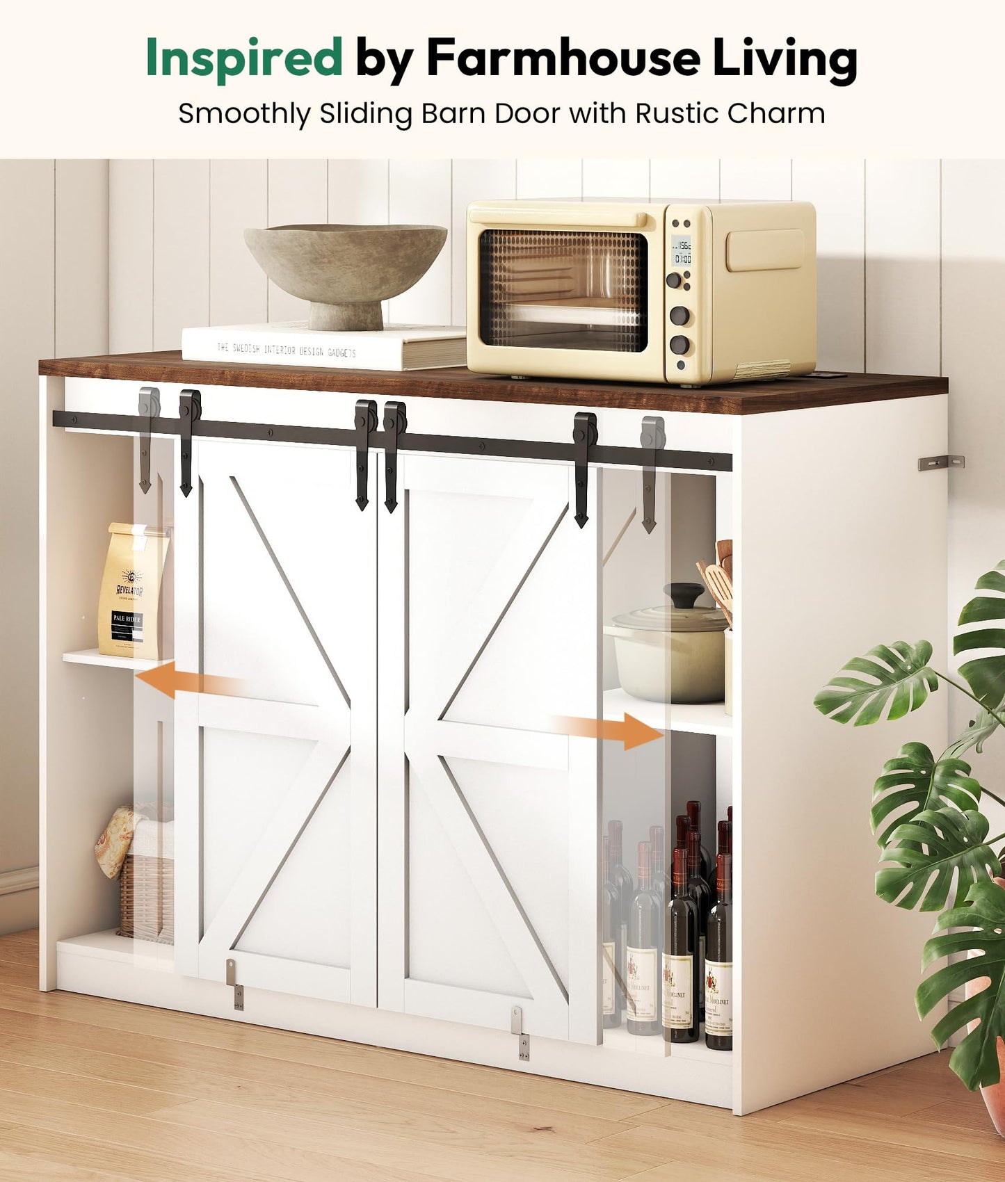 Lamtor Coffee Bar Cabinet with Storage - 53" Farmhouse Coffee Bar with Barn Doors, Mini Fridge Cabinet with Power Outlet for Kitchen Dining Room Living Room, White
