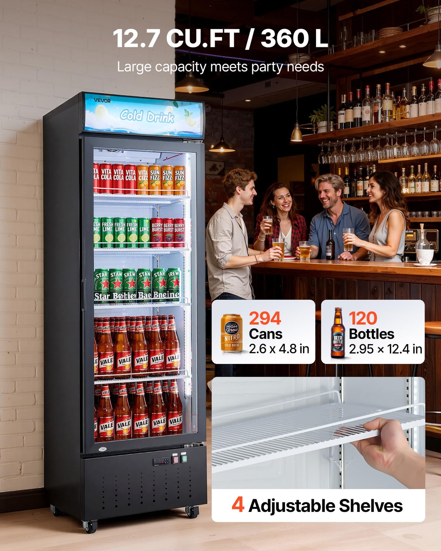 VEVOR Commercial Merchandiser Refrigerator, 12.7 Cu.Ft / 360 L Glass Door Display Refrigerator, Upright Beverage Cooler with Customizable Lightbox, 4 Adjustable Shelves & Soft LED Light for Home Shops