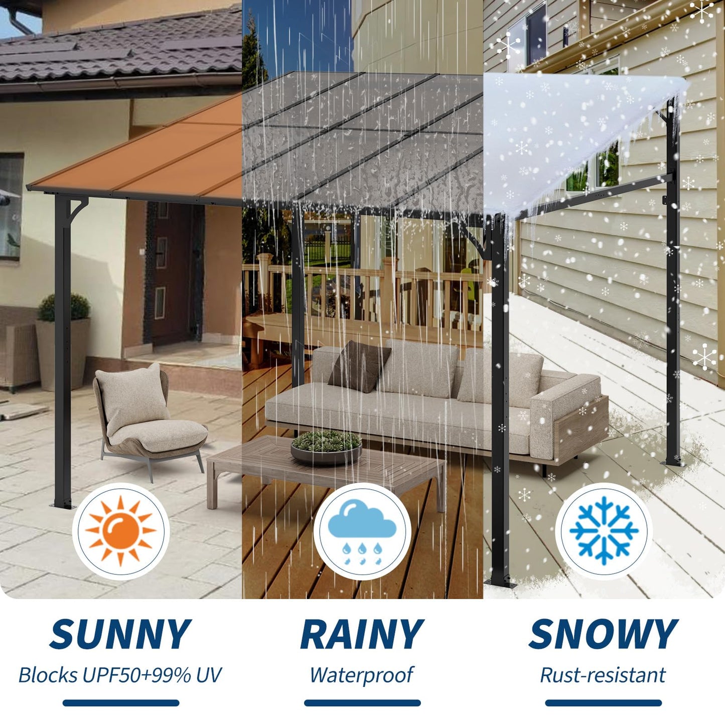 Hetoy 10 x 10 FT Wall Mounted Gazebo Pergola for Patio, Hardtop Gazebo with Sloped Polycarbonate Roof, Lean to Carport with 4-Pillar Aluminum Frame, Outdoor Garden Deck Shade for Decks, Backyard