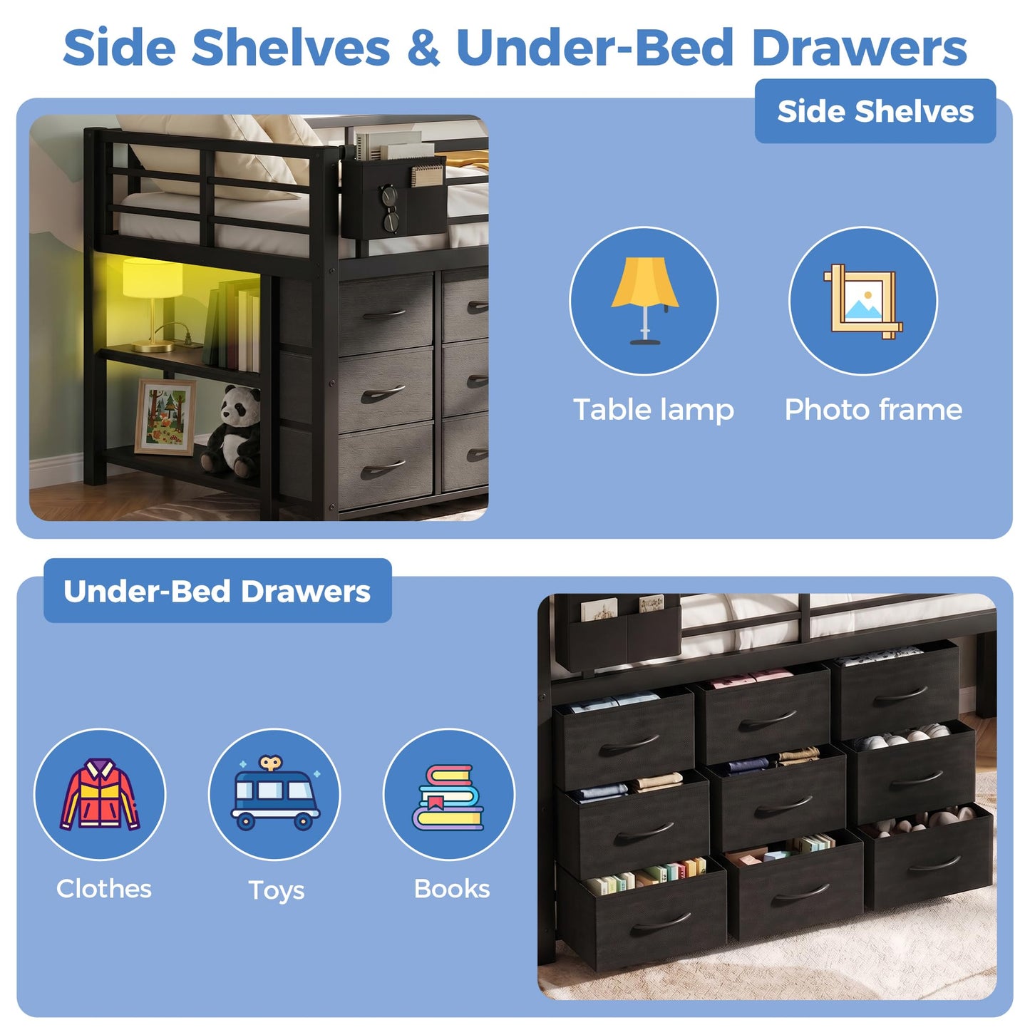 IZLKQC Twin Loft Bed with 9 Storage Drawers, Charging Station, LED Lights & 2 Shelves, Heavy Duty Metal Twin Low Loft Bed with Guardrail, Twin Size Low Loft for Kids & Teens (Black)