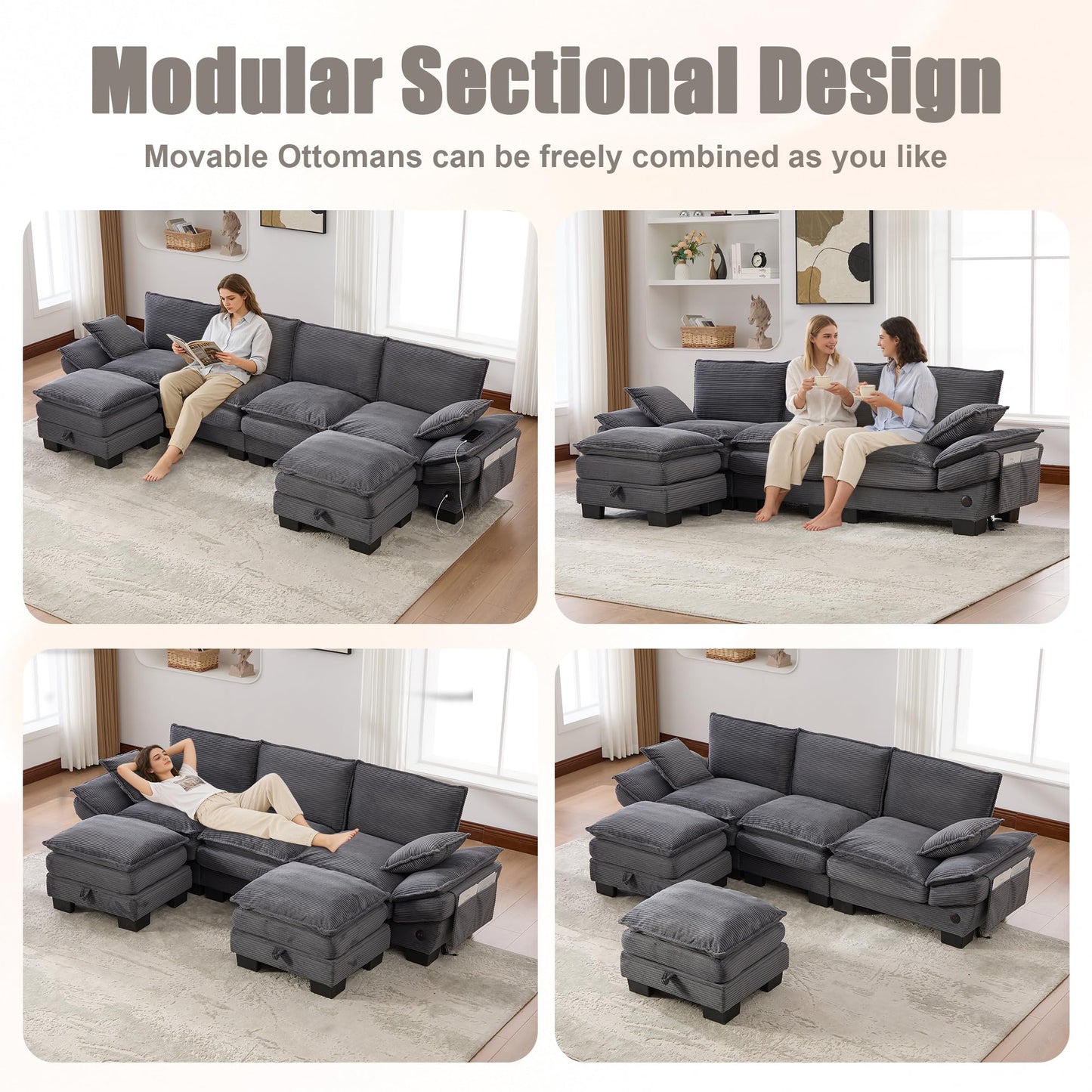 102" Oversized Cloud Modular Sectional Sofa with Movable Ottoman, Free Combination Convertible L Shaped Corner Couch Sets,Comfy Corduroy Upholstered Gray Sofa & Couch for Living Room