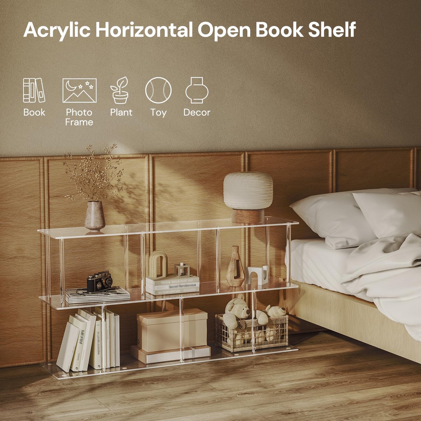 CRTERICX 3-Tier Acrylic Horizontal Bookshelf, Clear Long Bookcase, Modern Low Book Shelf with 5 Cube Storage for Living Room, Office, Bedroom, 11.8''D x 47.2''W x 24.6''H