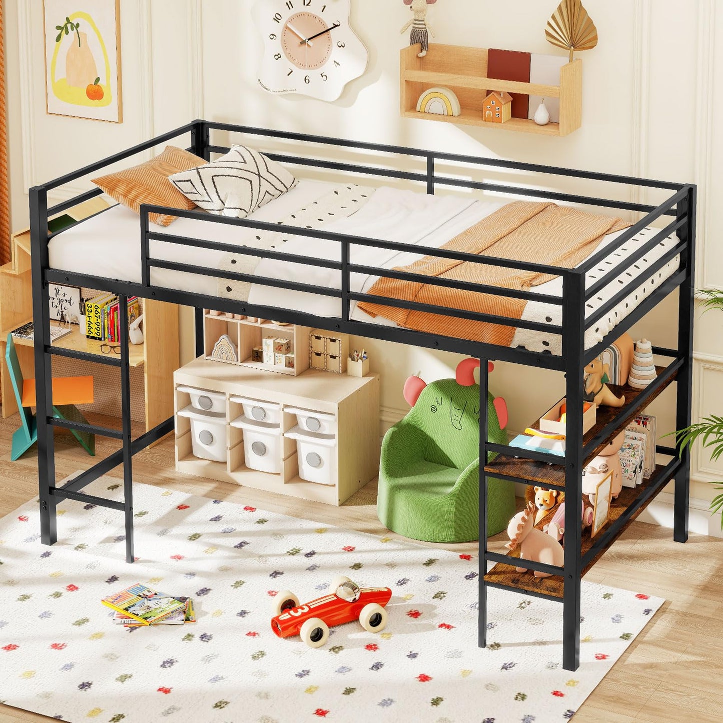 Giantex Low Loft Bed Twin Size, Heavy Duty Metal Frame w/Storage Shelves, Ladder & Full-Length Guardrails, Ample Under-Bed Space, Kids Loft Bed with Stairs for Boys Girls Junior, No Box Spring Needed