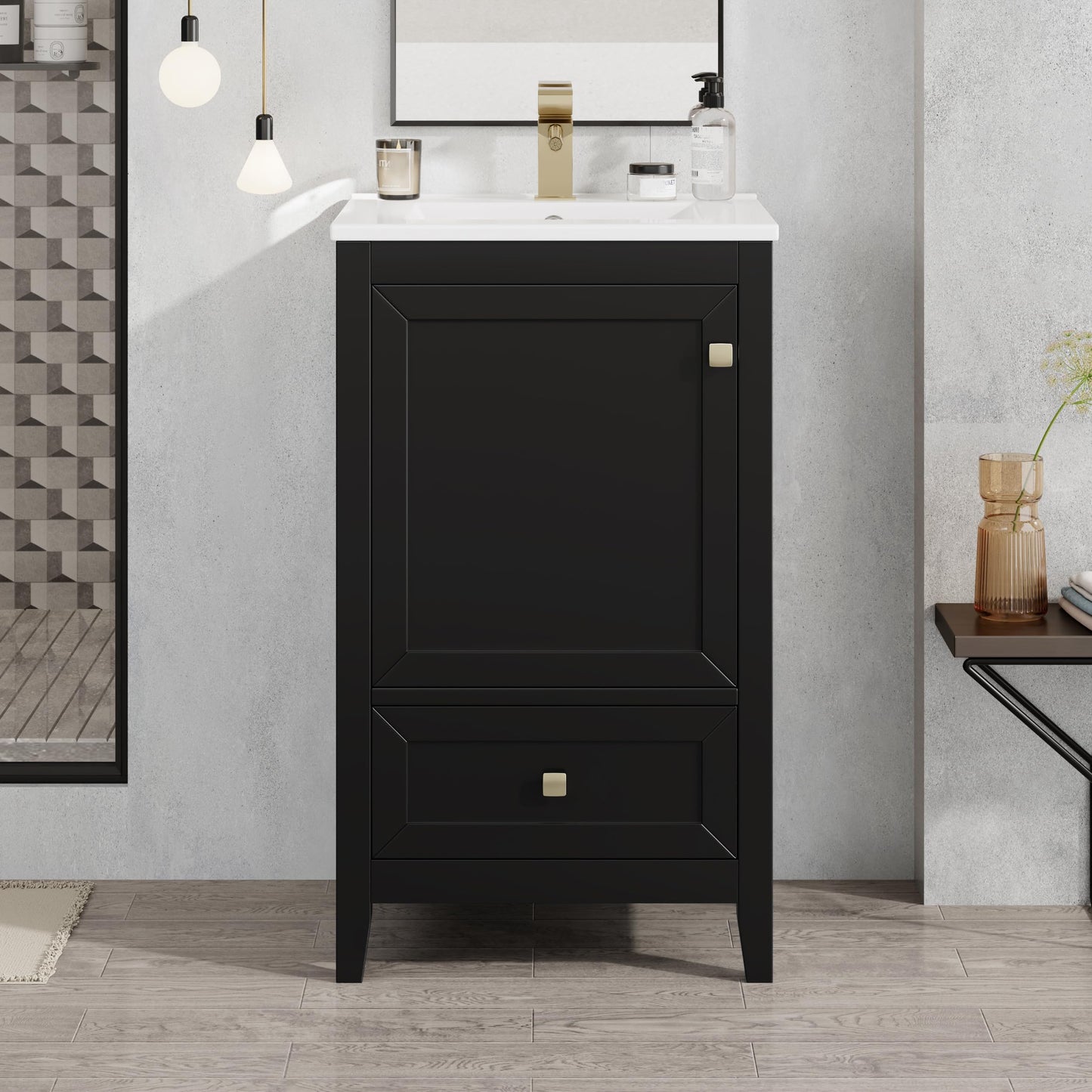 20" Bathroom Vanity with Ceramic Sink Top Set, Multi-Functional Storage Cabinet with Rack Organizer and Drawer, Soft-Closing Door, Solid Wood Frame, Black