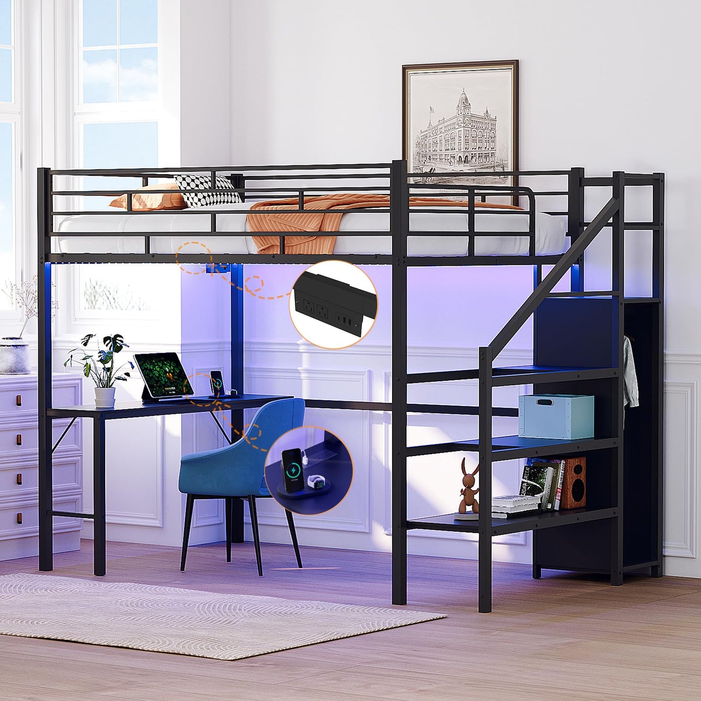 VINGLI Full Size Loft Bed with Desk and Storage Stairs, 15-inch Extra Tall Guardrail, Metal High Sleeper Bed with 2 Charging Stations and LED Lights, Space Saving Bed for Teens/Adults, Black