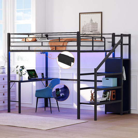 VINGLI Full Size Loft Bed with Desk and Storage Stairs, 15-inch Extra Tall Guardrail, Metal High Sleeper Bed with 2 Charging Stations and LED Lights, Space Saving Bed for Teens/Adults, Black