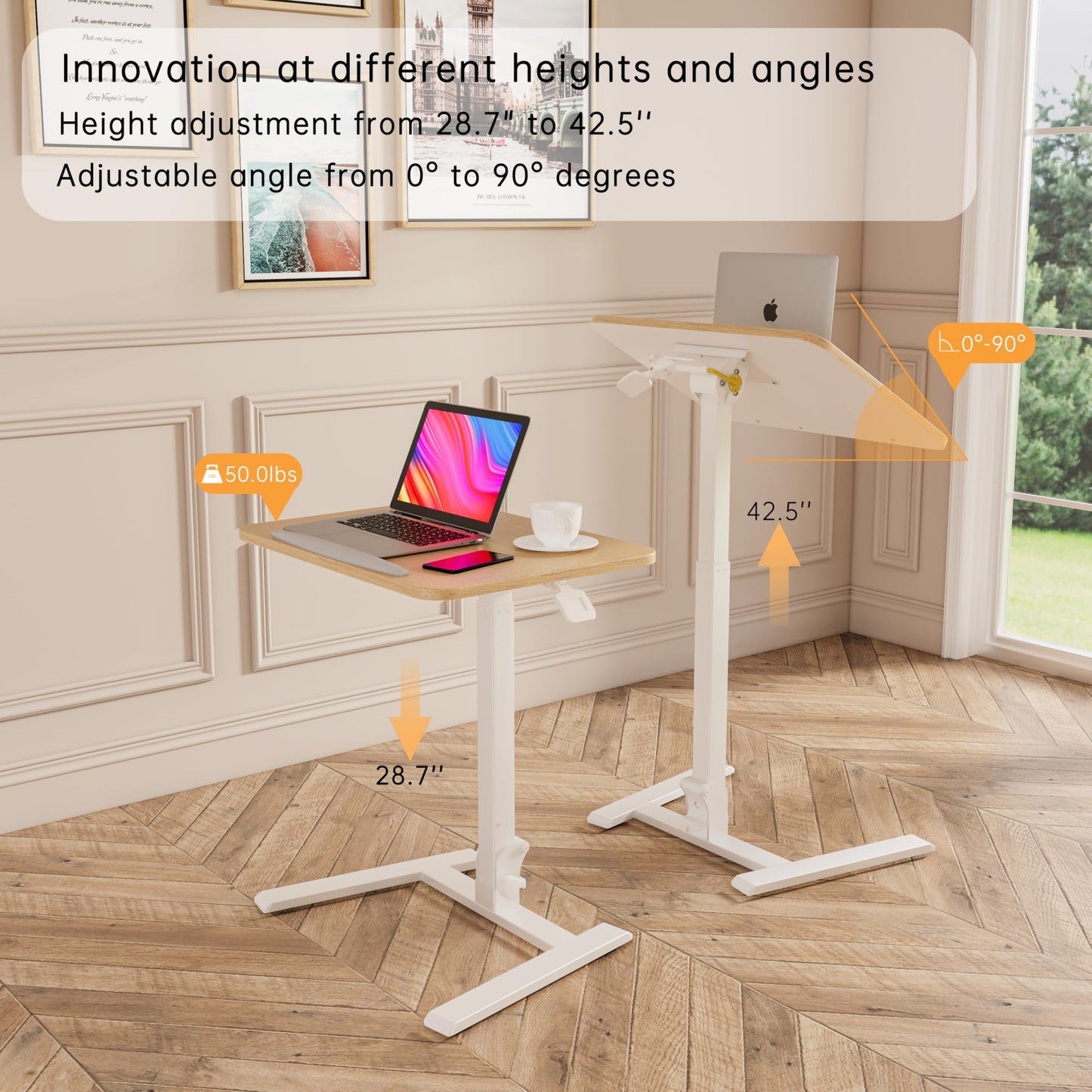 alawooder 25 Inch Mobile Folding Desk - No Assembly, Pneumatic Sit-Stand, 29-42" Height Adjustable Rolling Laptop Desk with Hidden Wheels, 0-90° Tilt Top for Home Office, Craft & Study