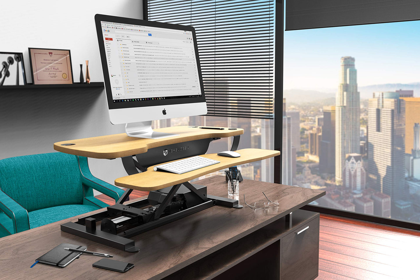 VERSADESK PowerPro 36” x 24” Standing Desk Converter | 36 Inch Electric Height Adjustable Sit to Stand Desk Riser w/Keyboard Tray & USB Hub - Ergonomic Workstation for Home & Office, Maple