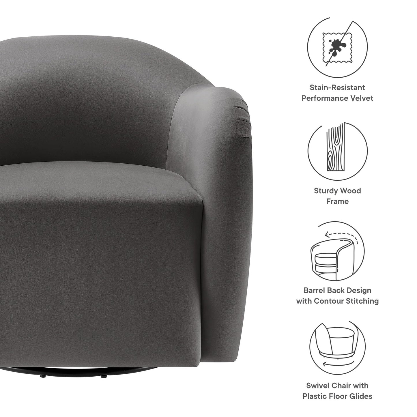 Modway Compose Performance Velvet Swivel Armchair in Storm Gray - Barrel Accent Chair - Comfy Round Single Sofa Chair with 360° Rotation - Modern Upholstered Club Chair for Living Room, Bedroom