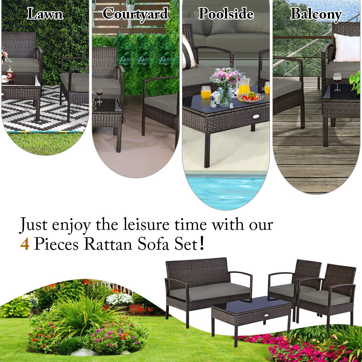 Tangkula 4-PCS Wicker Patio Conversation Furniture Set, Outdoor Rattan Chair and Table Set, Patio Furniture Sets with Coffee Table & Washable Cushions for Courtyard Balcony Garden (1, Brown)